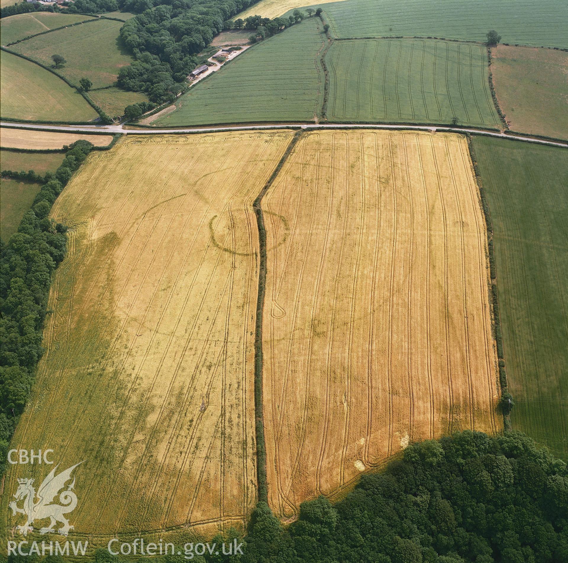 RCAHMW colour oblique aerial photograph of the concentric cropmark enclosure north-west of Brecfa, taken 1992.