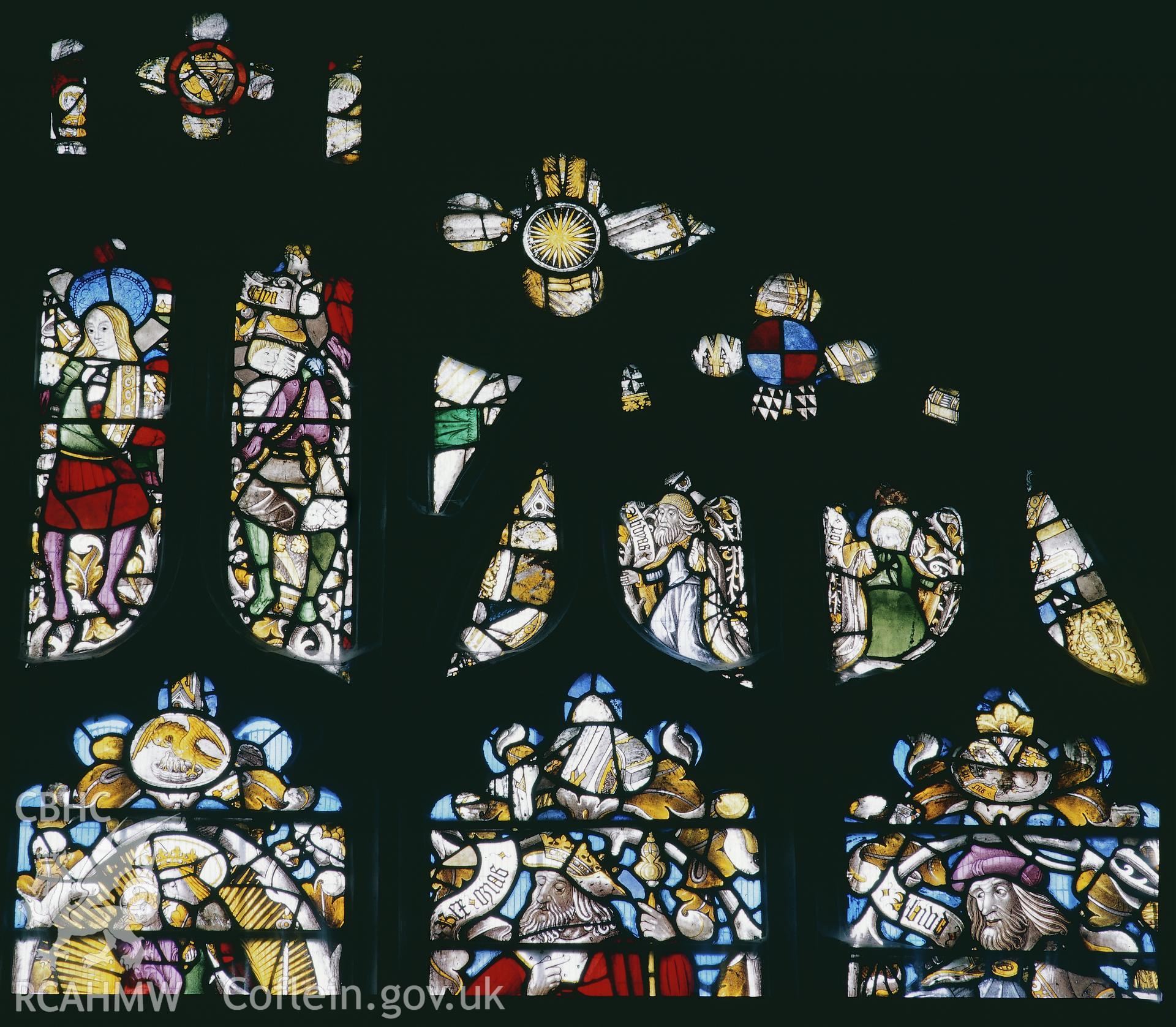 RCAHMW colour transparency of a stained glass window depicting the Jesse Tree in St. Dyfnog's Church, Llanrhaeadr-yng-Nghinmeirch, by Fleur James, 1986.