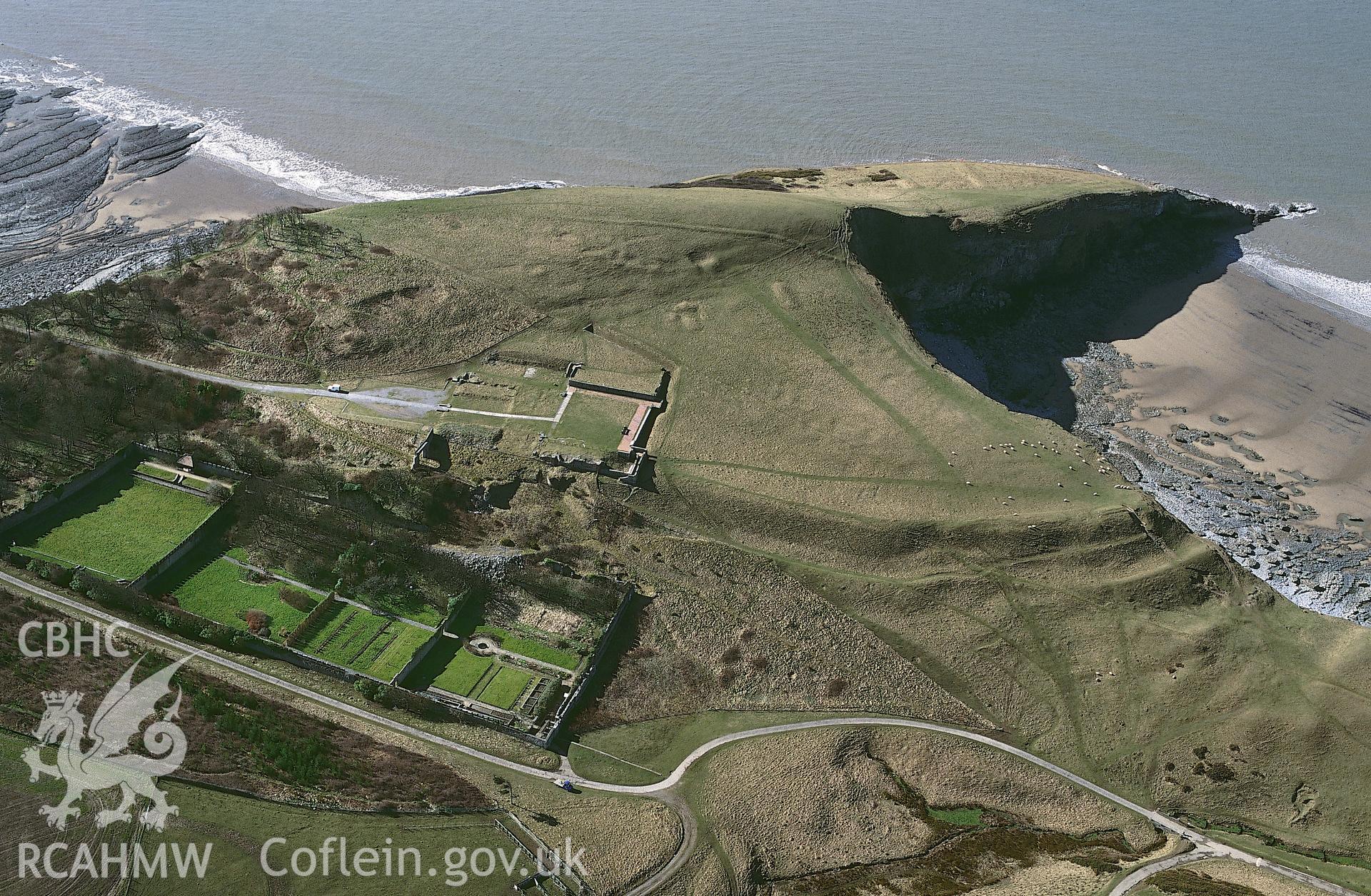 Slide of RCAHMW colour oblique aerial photograph of Dunraven Castle, Trwyn y Witch.