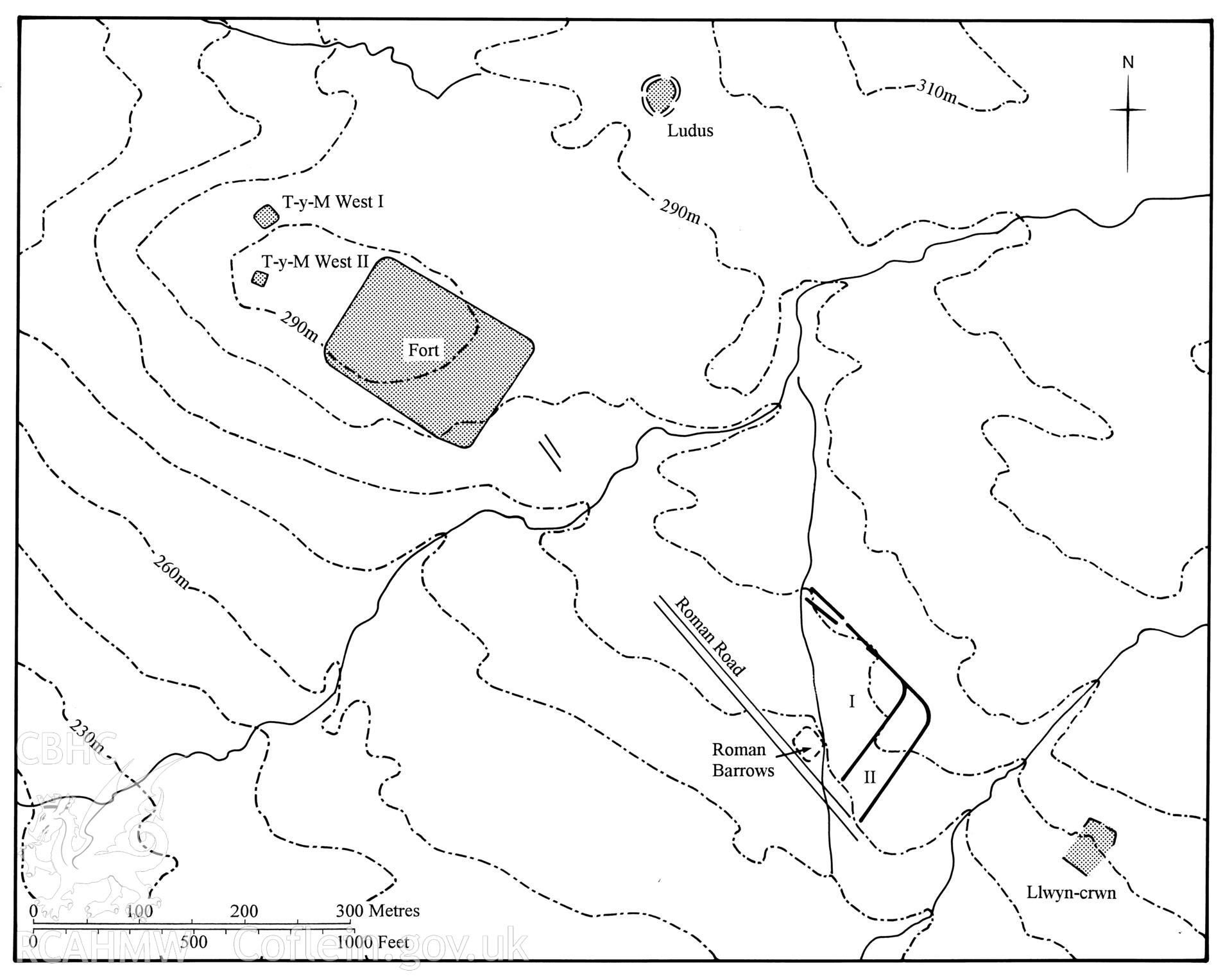 Figure 77: Paper and digitised copy of drawing of Tomen y Mur E Roman marching camp, produced for University of Wales Press publication "Roman Camps in Wales and the Marches", by J.L. Davies and R.H. Jones, Board of Celtic Studies, University of Wales.