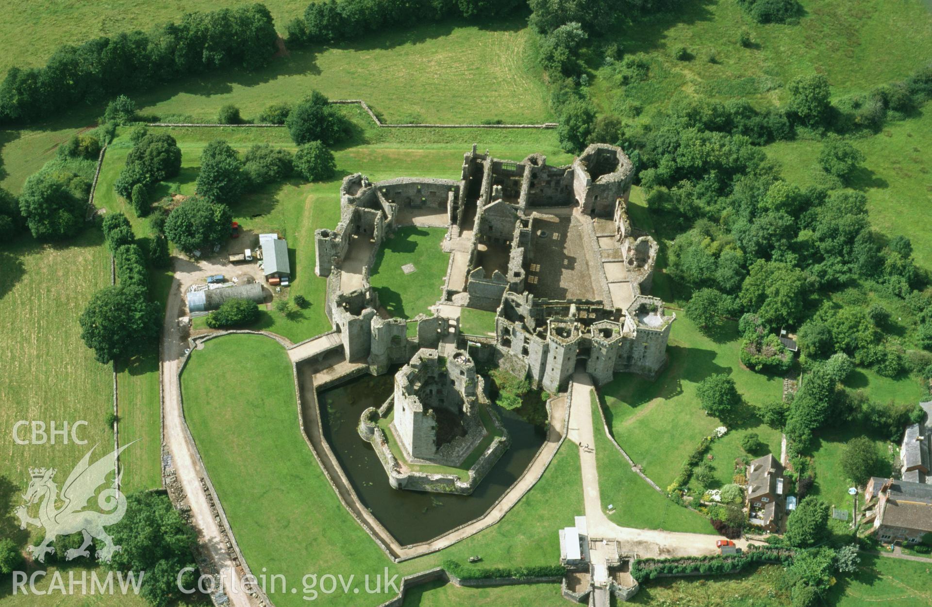 RCAHMW colour slide oblique aerial photograph of Raglan Castle., taken by Toby Driver, 2001