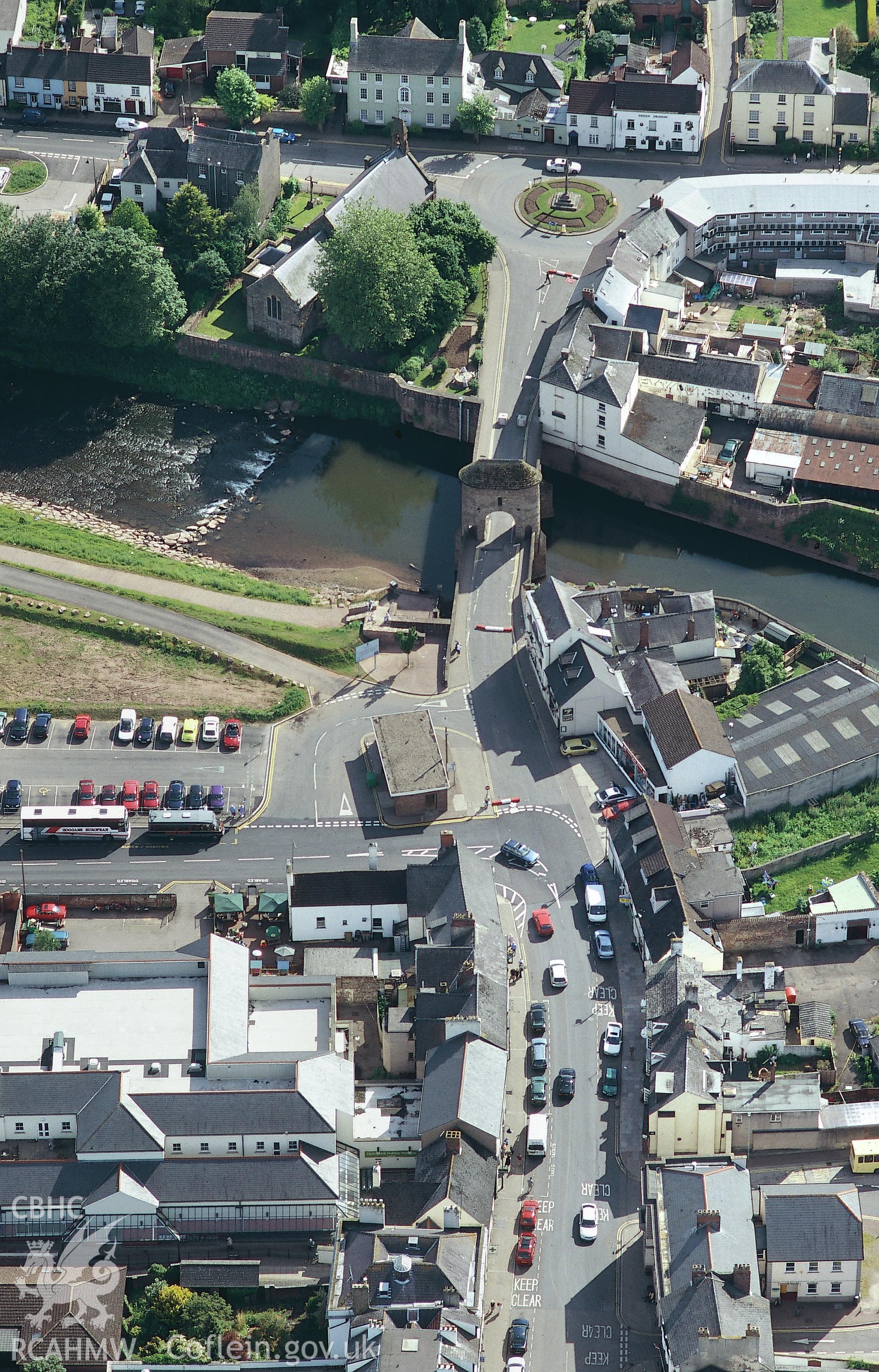 Slide of RCAHMW colour oblique aerial photograph of Monnow Bridge and Monmouth town, taken by T.G. Driver, 2004.