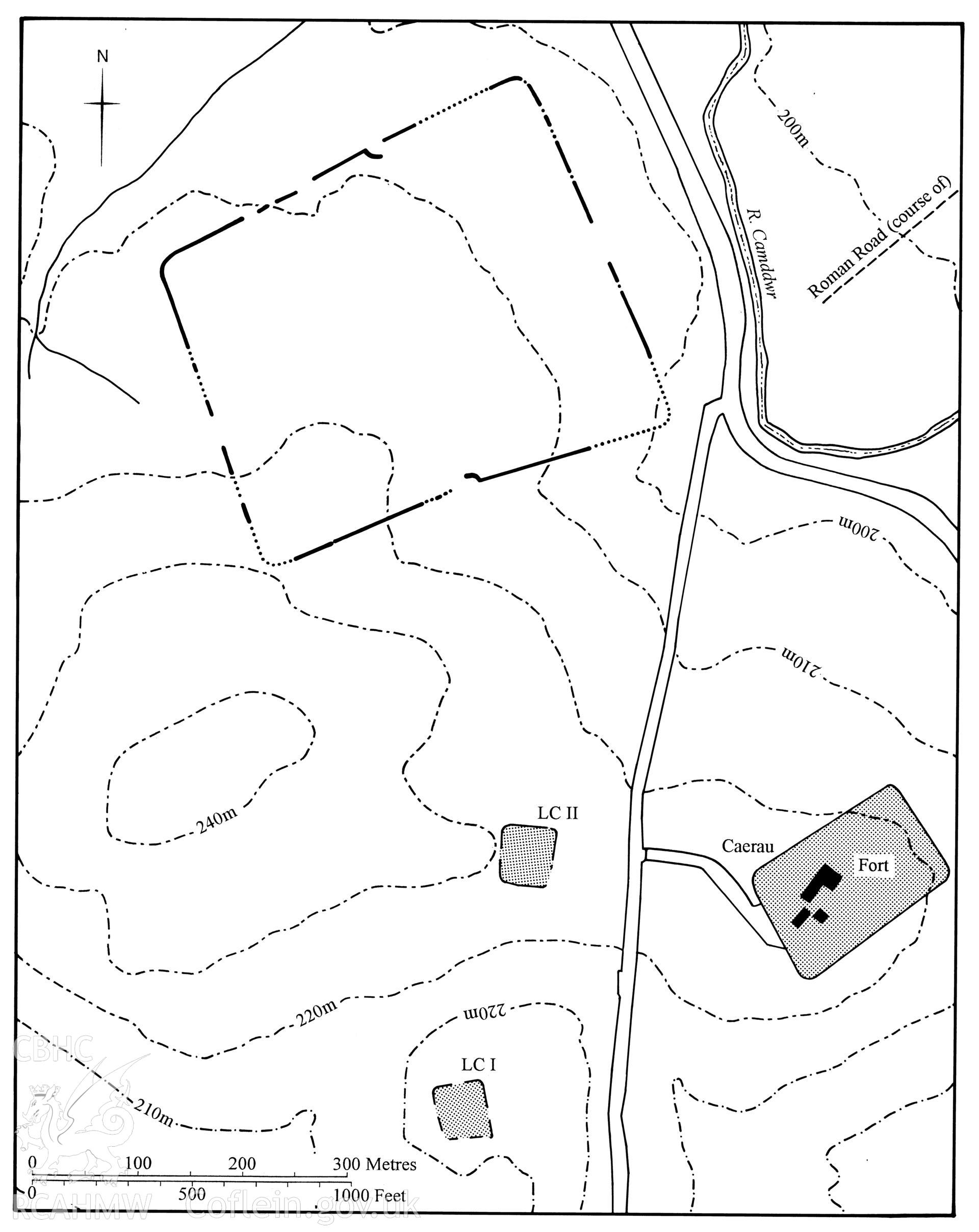 Figure 56: Paper and digitised copy of drawing of Beulah Roman marching camp, produced for University of Wales Press publication "Roman Camps in Wales and the Marches", by J.L. Davies and R.H. Jones, Board of Celtic Studies, University of Wales.