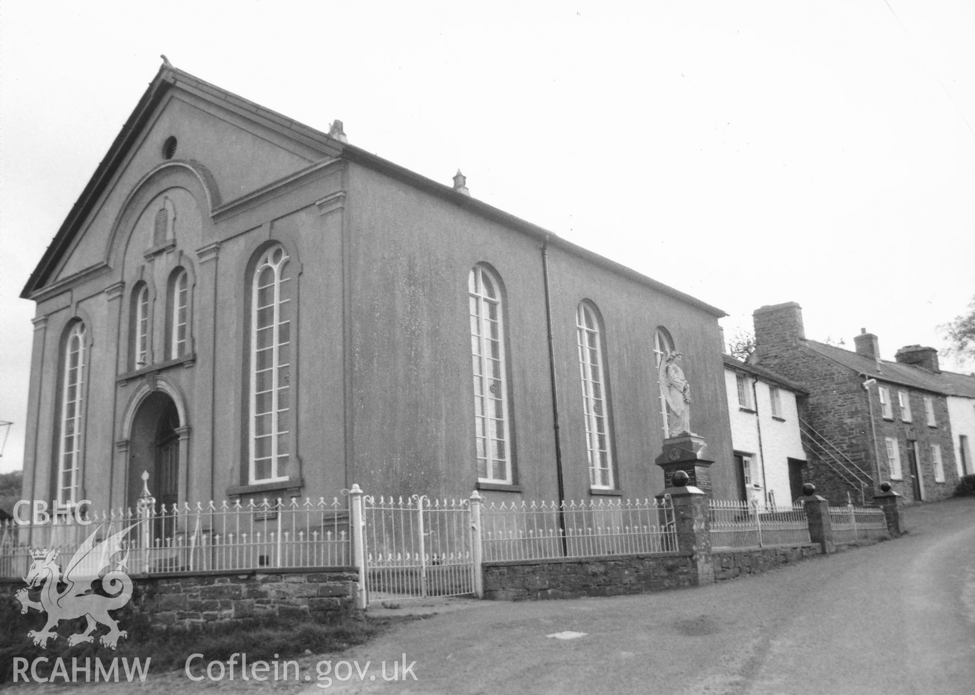 Digital copy of a black and white photograph showing general view of Neuadd Llwyd Independent Chapel,  Henfynyw, taken by Robert Scourfield, c.1996.