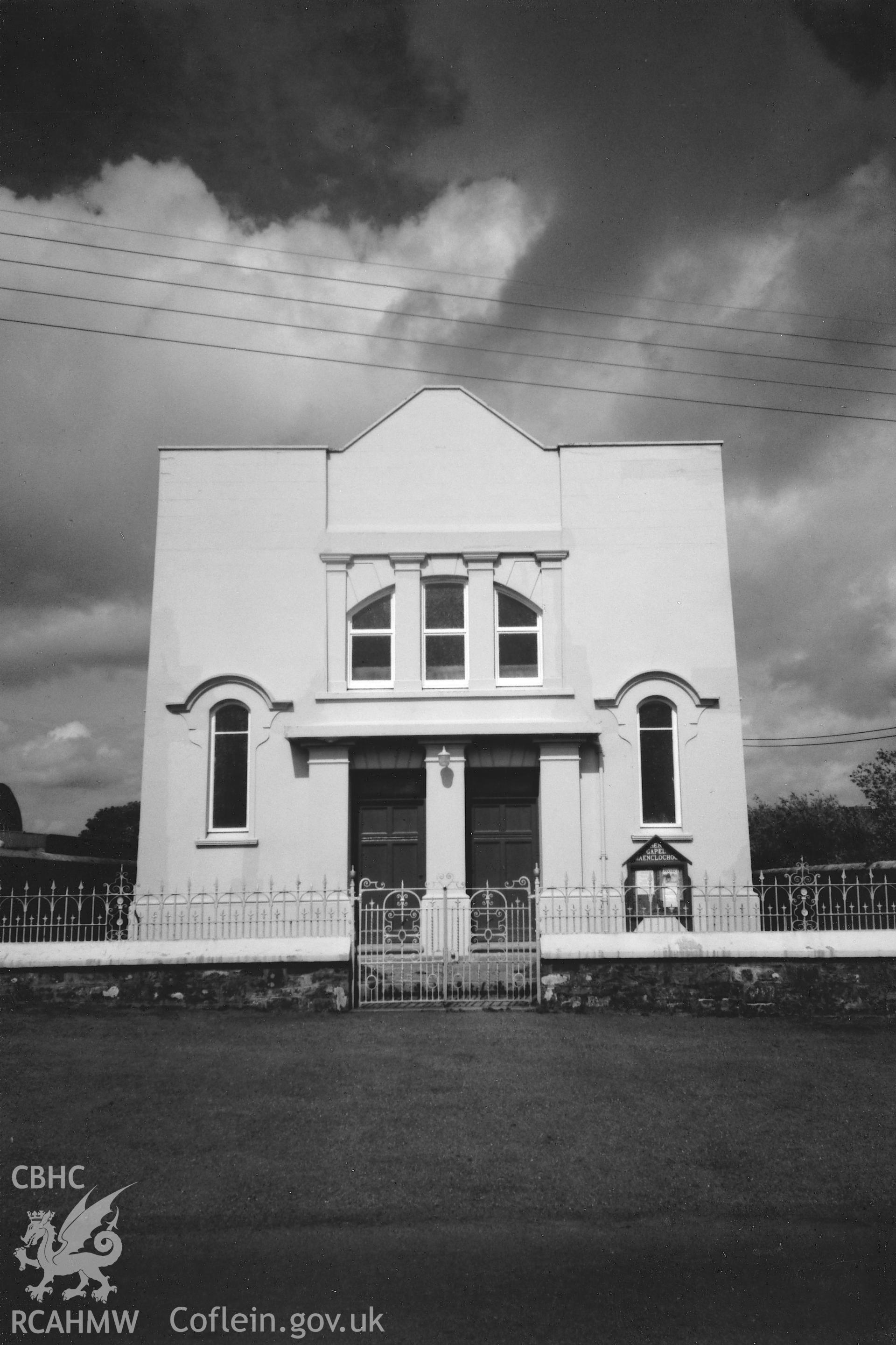 Digital copy of a black and white photograph showing a general view of Hen Gapel Independent Chapel, Maenclochog, taken by Robert Scourfield, 1996.