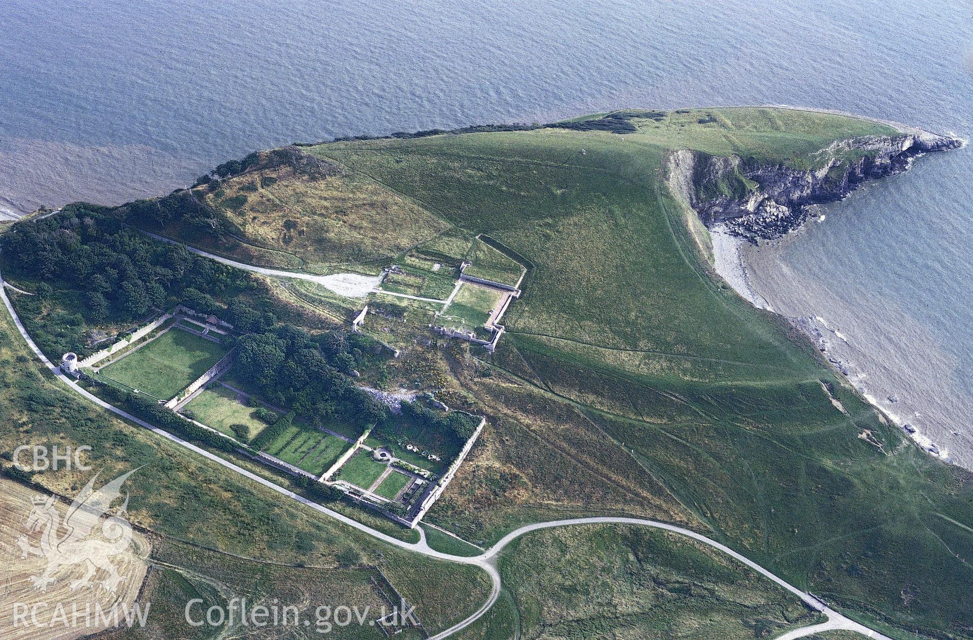 Slide of RCAHMW colour oblique aerial photograph of Dunraven Castle, Trwyn y Witch.