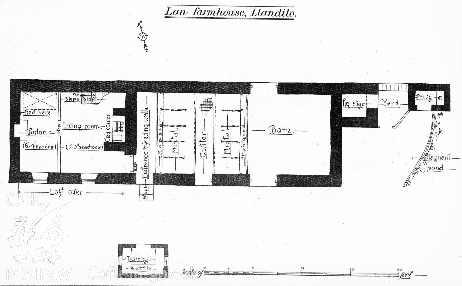 Lan, Llandeilo; digitized copy of a ground floor plan originally published in  'Royal Commission on Land in Wales and Monmouth' HMSO published in 1896 a copy is held by University College of Wales Library, Aberystwyth.