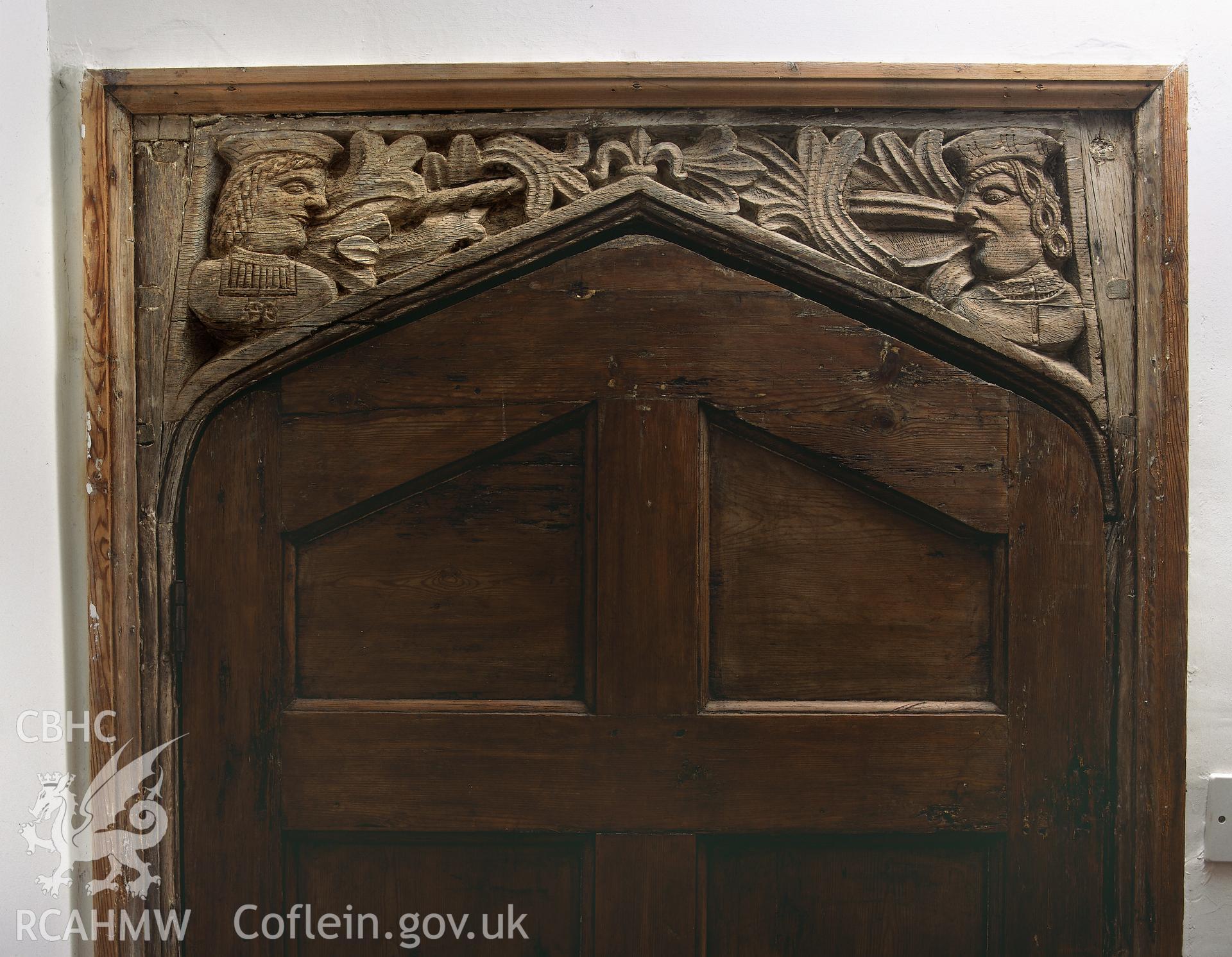 RCAHMW colour transparency showing detail of a spandrel in a door frame at Rhydarwen, Llanarthney.