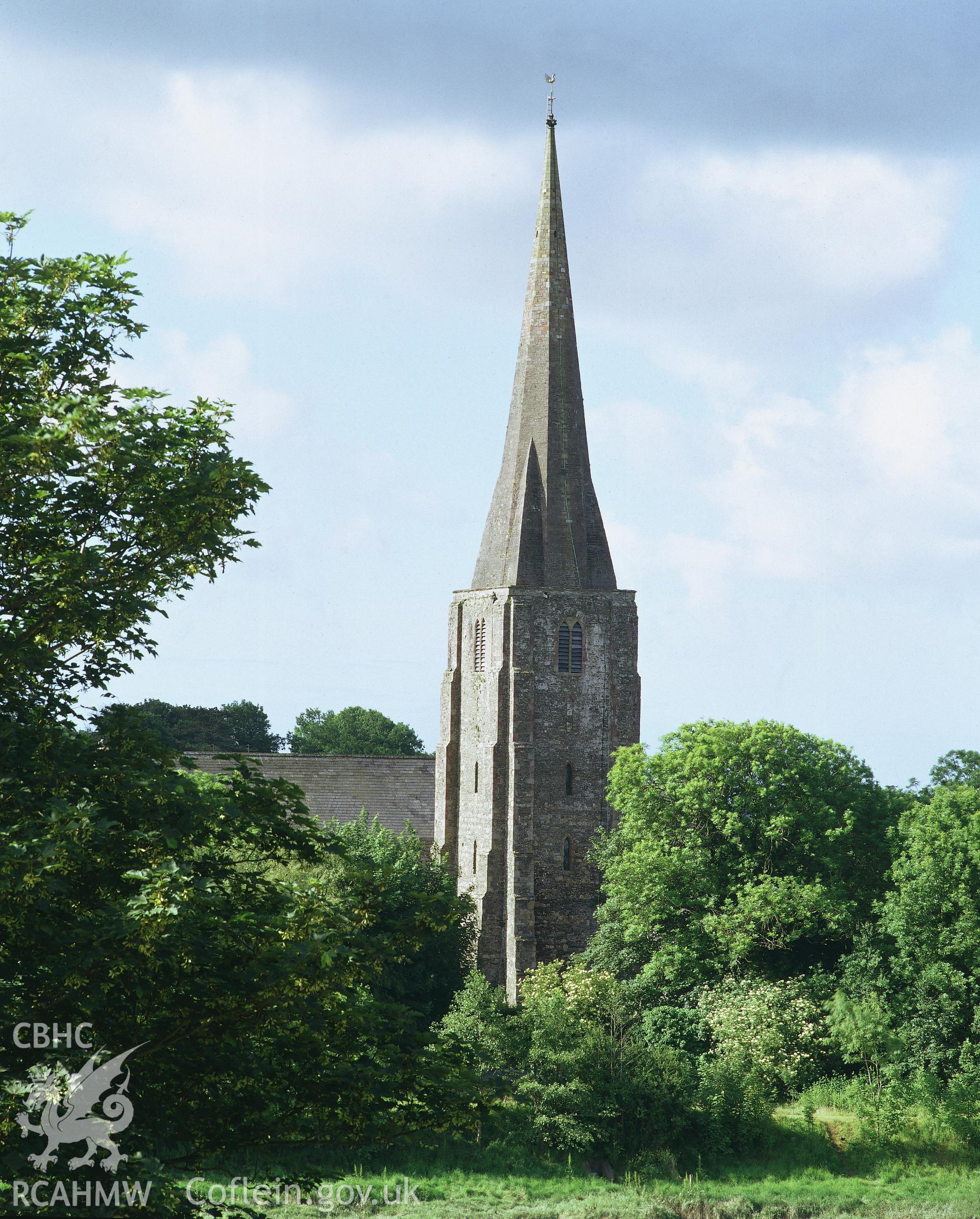 RCAHMW colour transparency showing the tower and spire at St Mary's Church, Kidwelly.