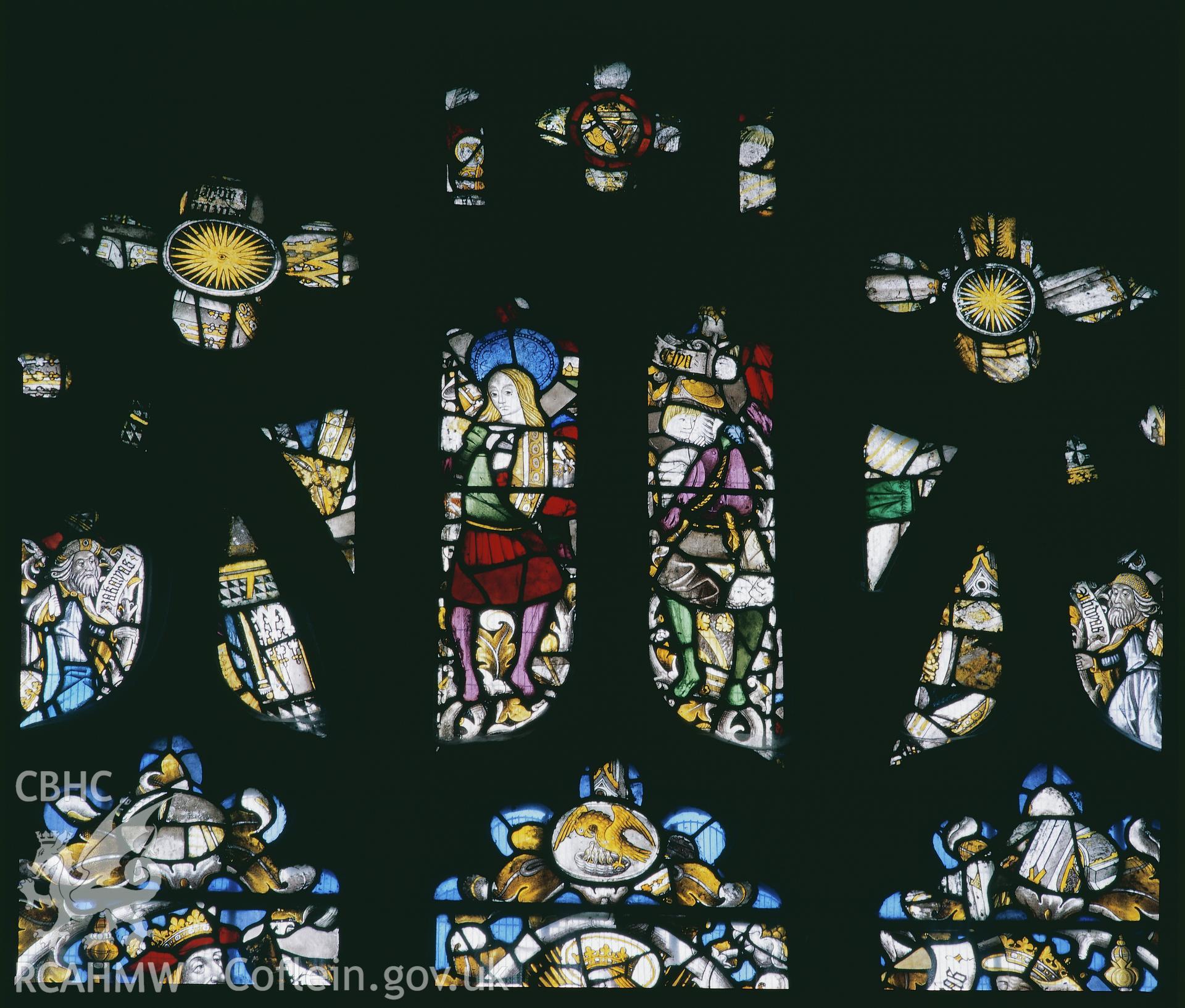 RCAHMW colour transparency of a stained glass window depicting the Jesse Tree in St. Dyfnog's Church, Llanrhaeadr-yng-Nghinmeirch, by Fleur James, 1986.