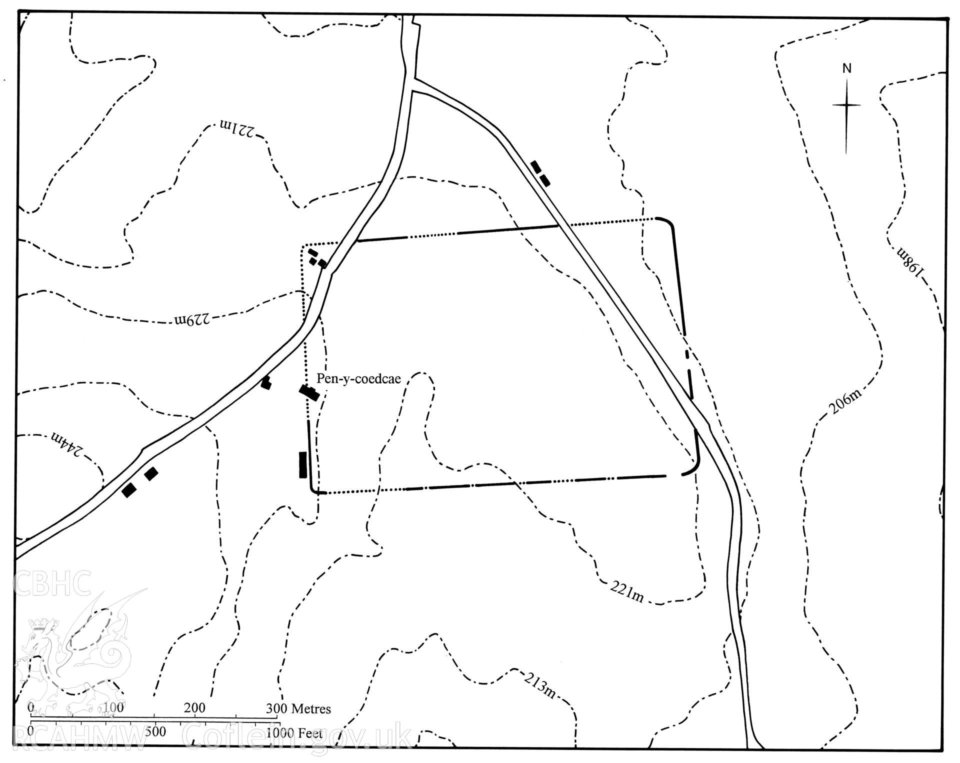 Figure 73: Paper and digitised copy of drawing of Pen-y-coedcae Roman marching camp, produced for University of Wales Press publication "Roman Camps in Wales and the Marches", by J.L. Davies and R.H. Jones, Board of Celtic Studies, University of Wales.