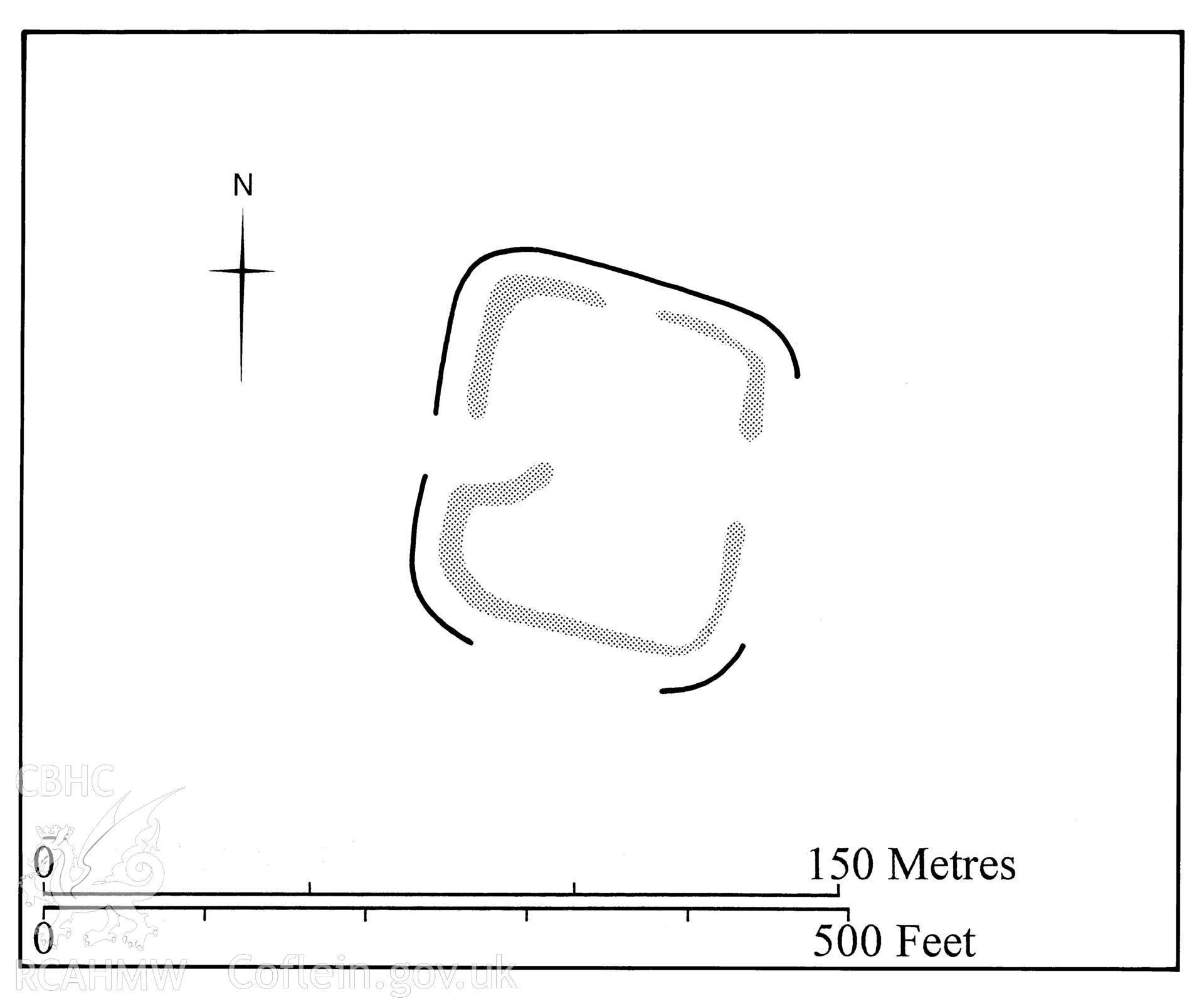 Figure 47: Paper and digitised copy of drawing of Gelligaer Common practice camp, produced for University of Wales Press publication "Roman Camps in Wales and the Marches", by J.L. Davies and R.H. Jones, Board of Celtic Studies, University of Wales.