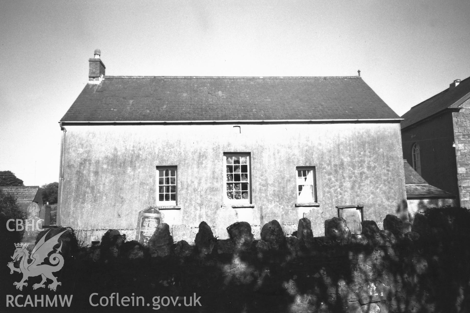 Digital copy of a black and white photograph showing general view of Old Bethel Baptist Chapel, Mynachlog Ddu, taken by Robert Scourfield, 1995.