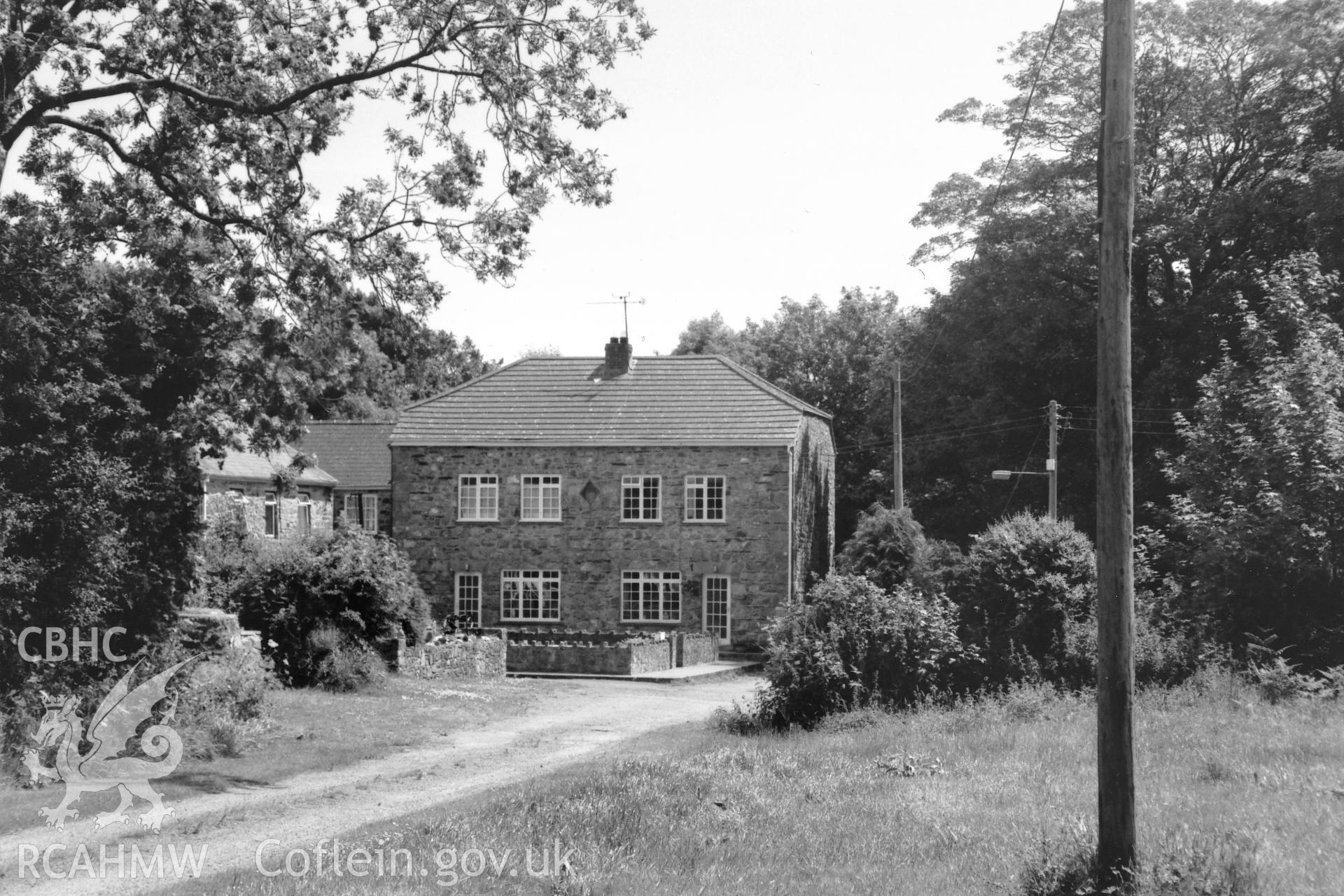 Digital copy of a black and white photograph showing a view of Brimaston Hall Chapel, Hayscastle, taken by Robert Scourfield, 1996.