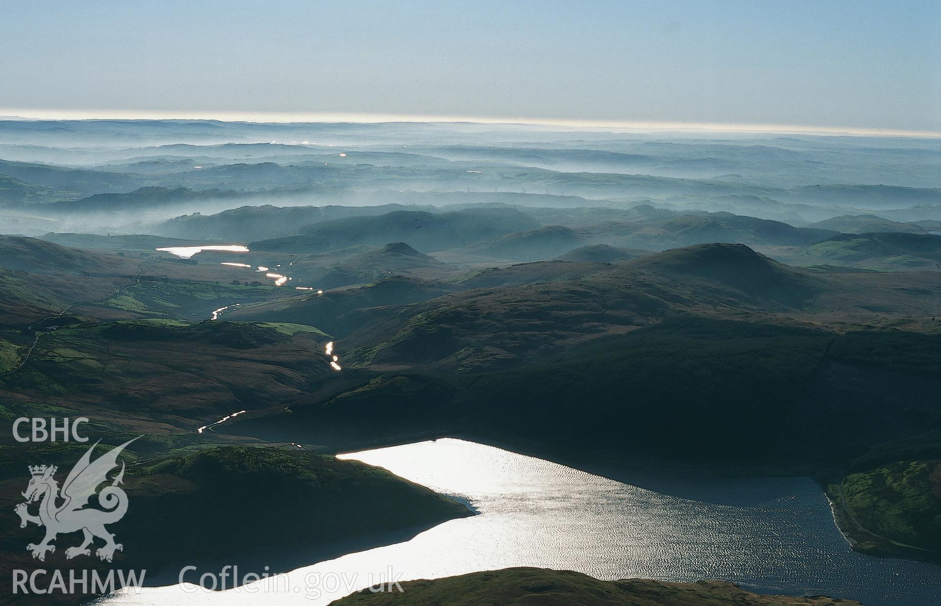 Slide of RCAHMW colour oblique aerial photograph of Nant y Moch Reservoir, taken by Toby Driver 2001