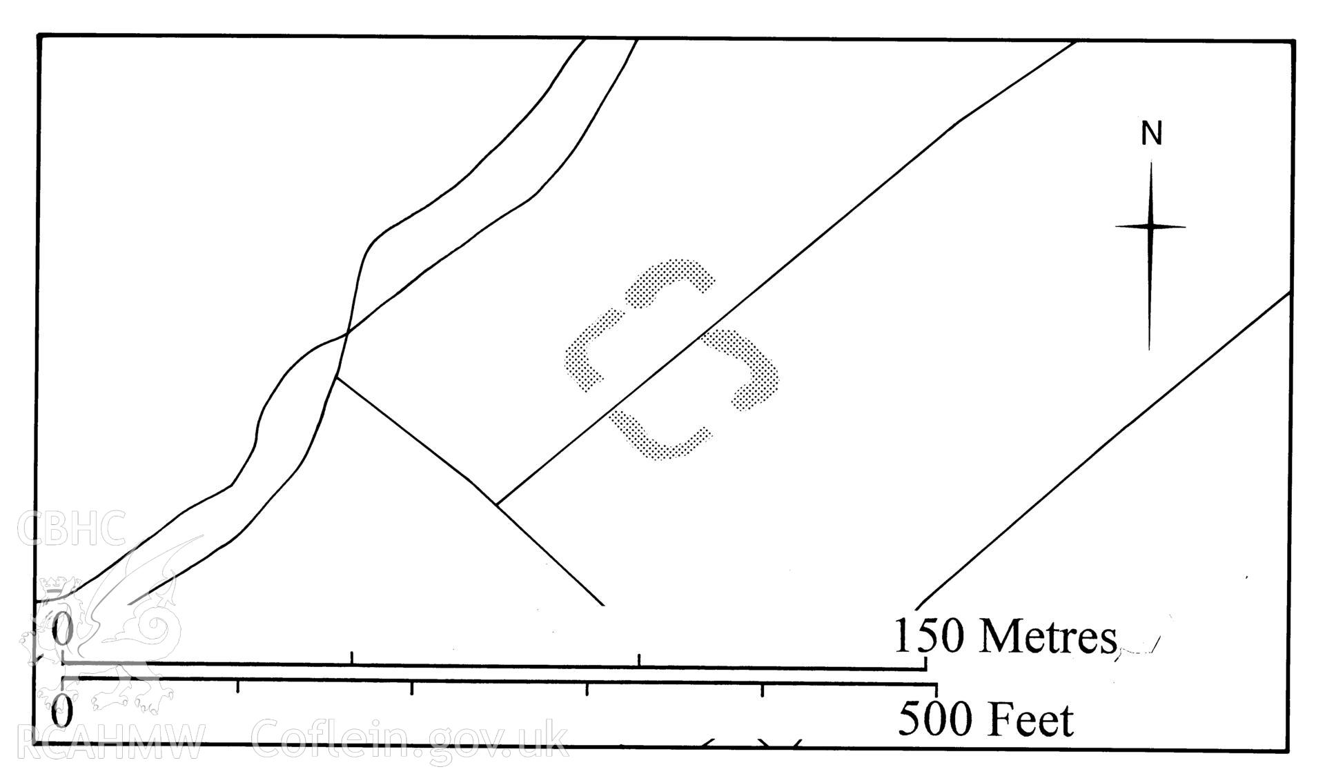 Figure 101: Paper and digitised copy of drawing of Gelligaer Common practice camp IV, produced for University of Wales Press publication "Roman Camps in Wales and the Marches", by J.L. Davies and R.H. Jones, Board of Celtic Studies, University of Wales.