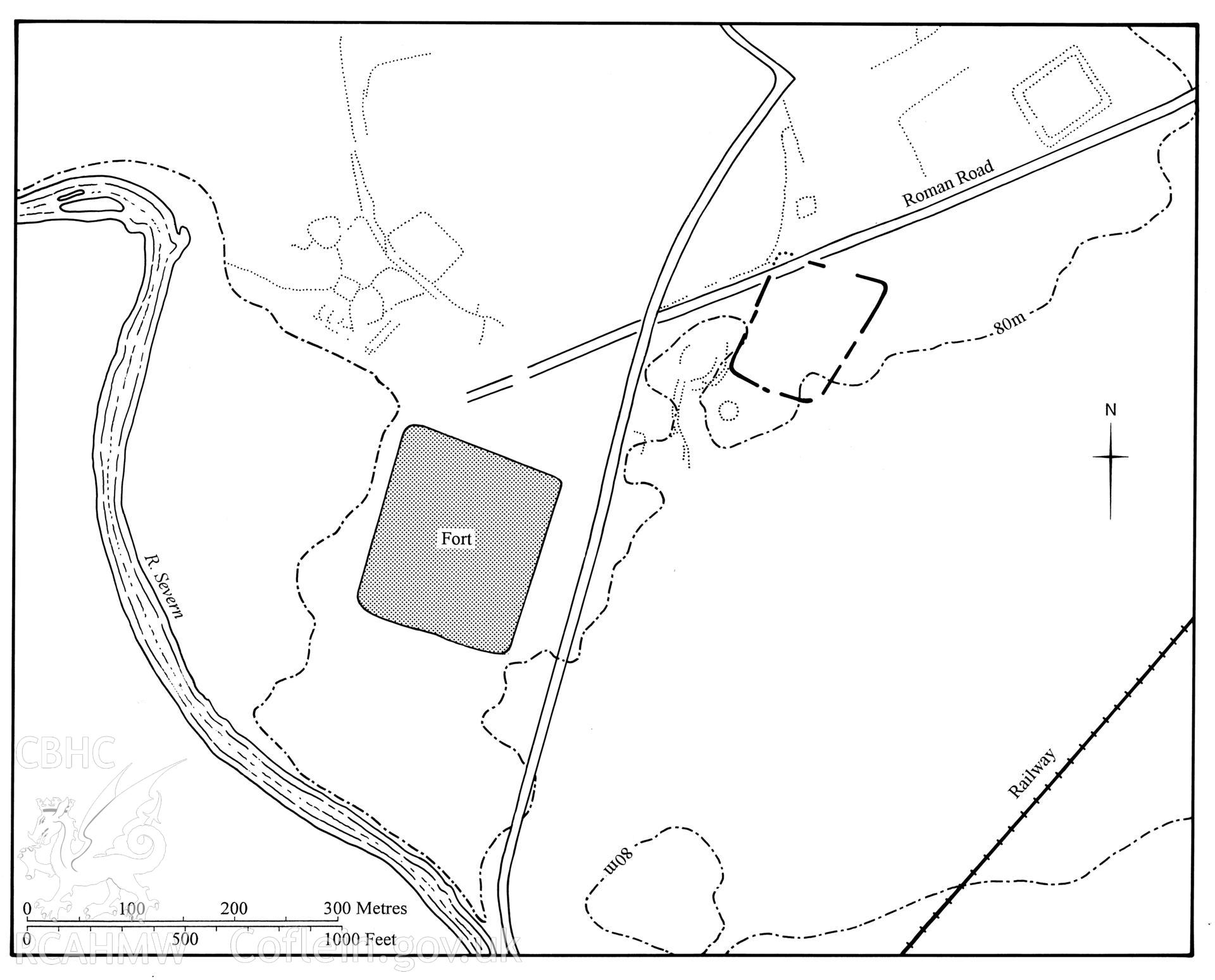 Figure 80: Paper and digitised copy of drawing of Thornbury Roman marching camp, produced for University of Wales Press publication "Roman Camps in Wales and the Marches", by J.L. Davies and R.H. Jones, Board of Celtic Studies, University of Wales.