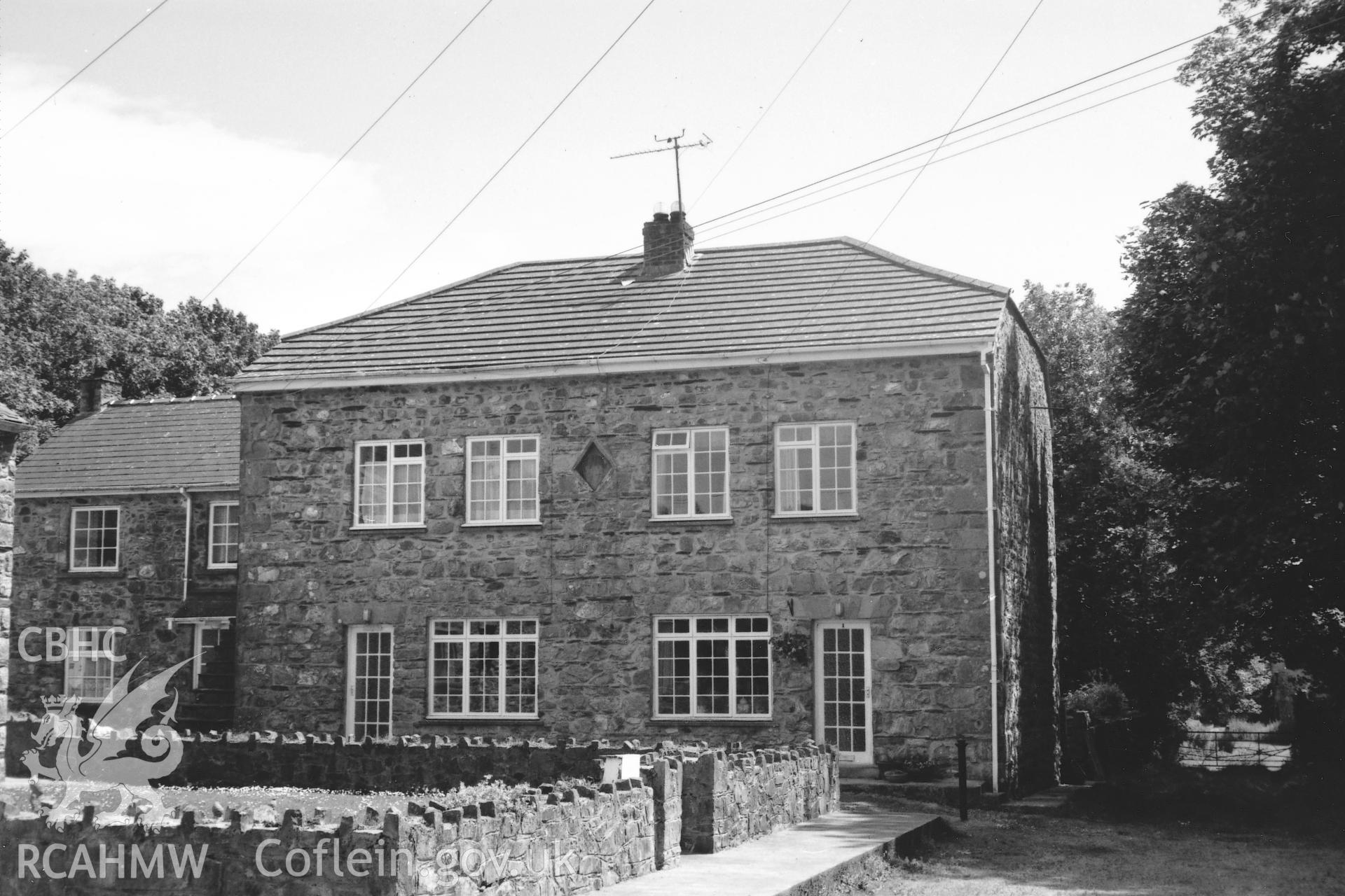 Digital copy of a black and white photograph showing a view of Brimaston Hall Chapel, Hayscastle, taken by Robert Scourfield, 1996.