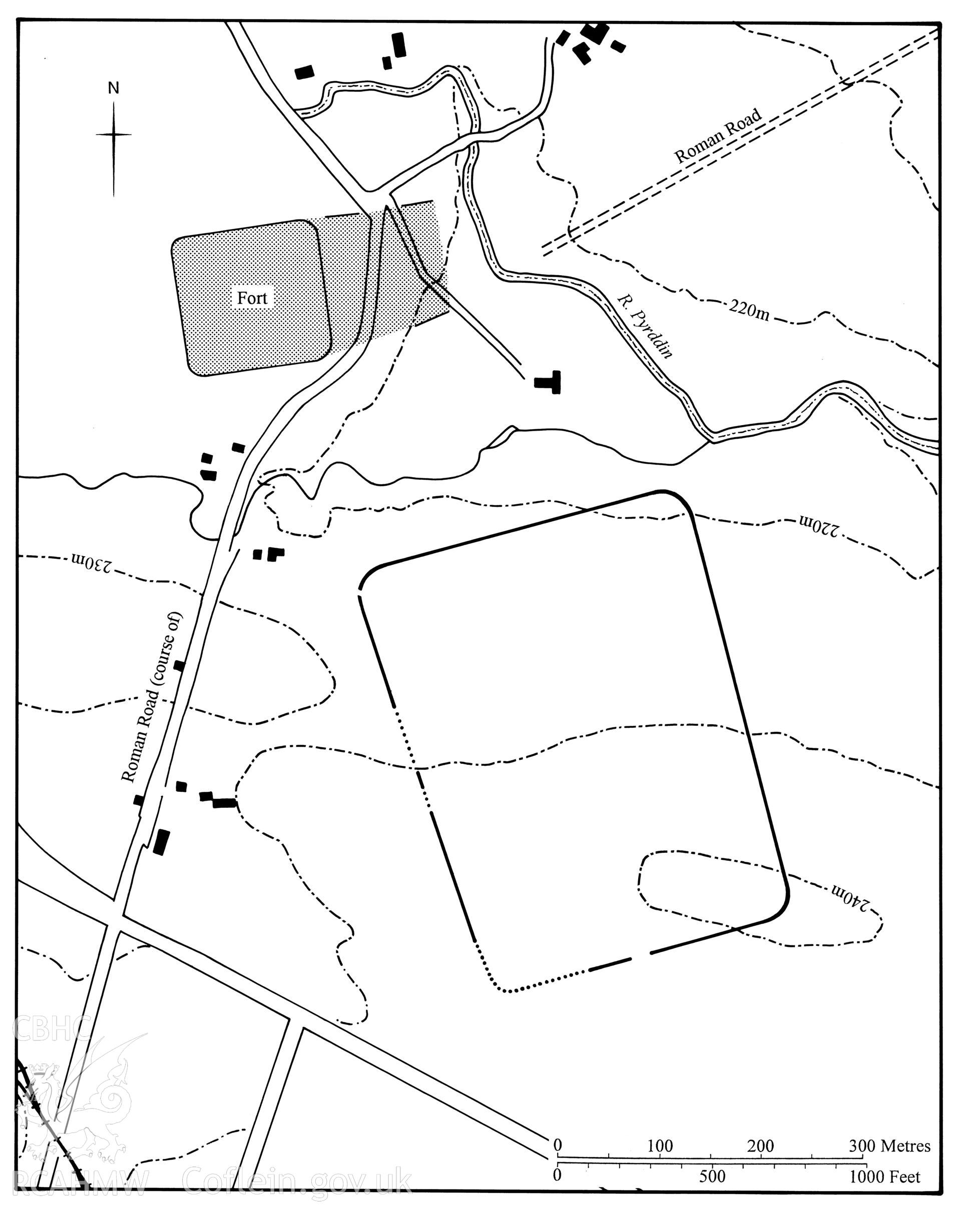 Figure 72: Paper and digitised copy of drawing of Coelbren Roman marching camp, produced for University of Wales Press publication "Roman Camps in Wales and the Marches", by J.L. Davies and R.H. Jones, Board of Celtic Studies, University of Wales.