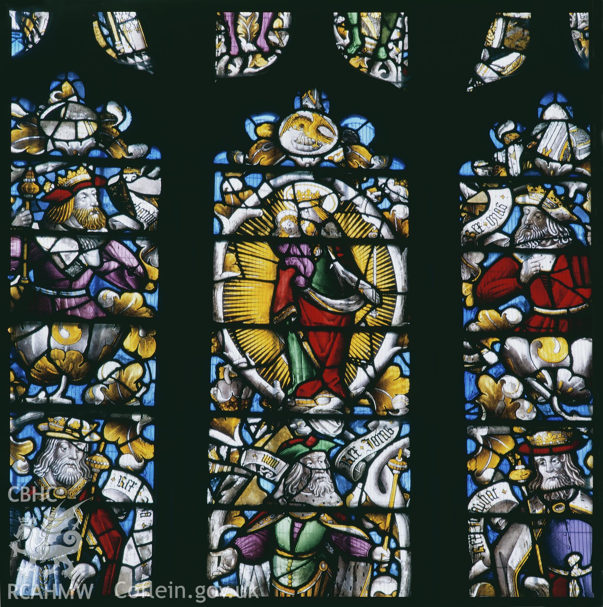 RCAHMW colour transparency of a stained glass window depicting the Jesse Tree in St. Dyfnog's Church, Llanrhaeadr-yng-Nghinmeirch, by Fleur James, 1986.