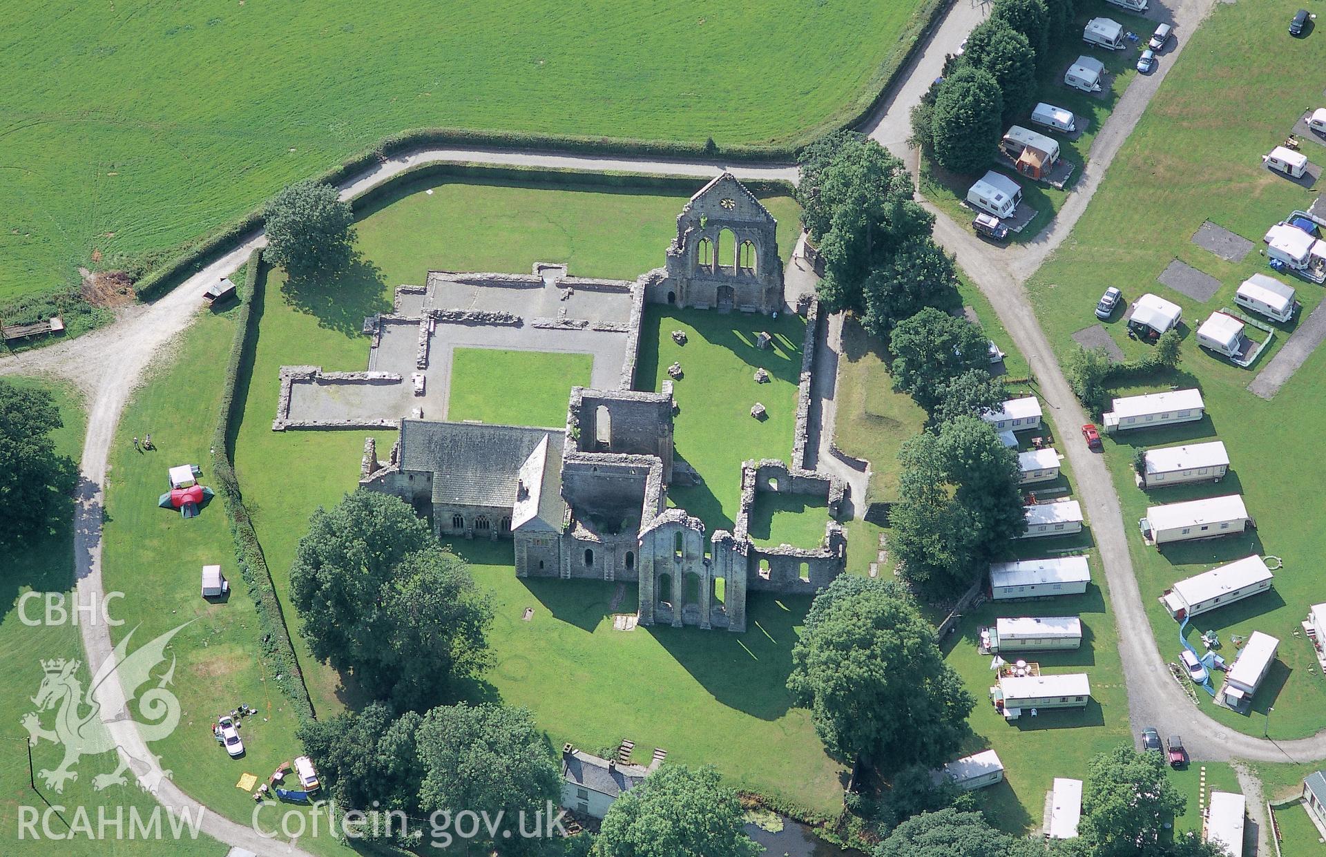 Slide of RCAHMW colour oblique aerial photograph of Valle Crucis Abbey, taken by Toby Driver, 2004.