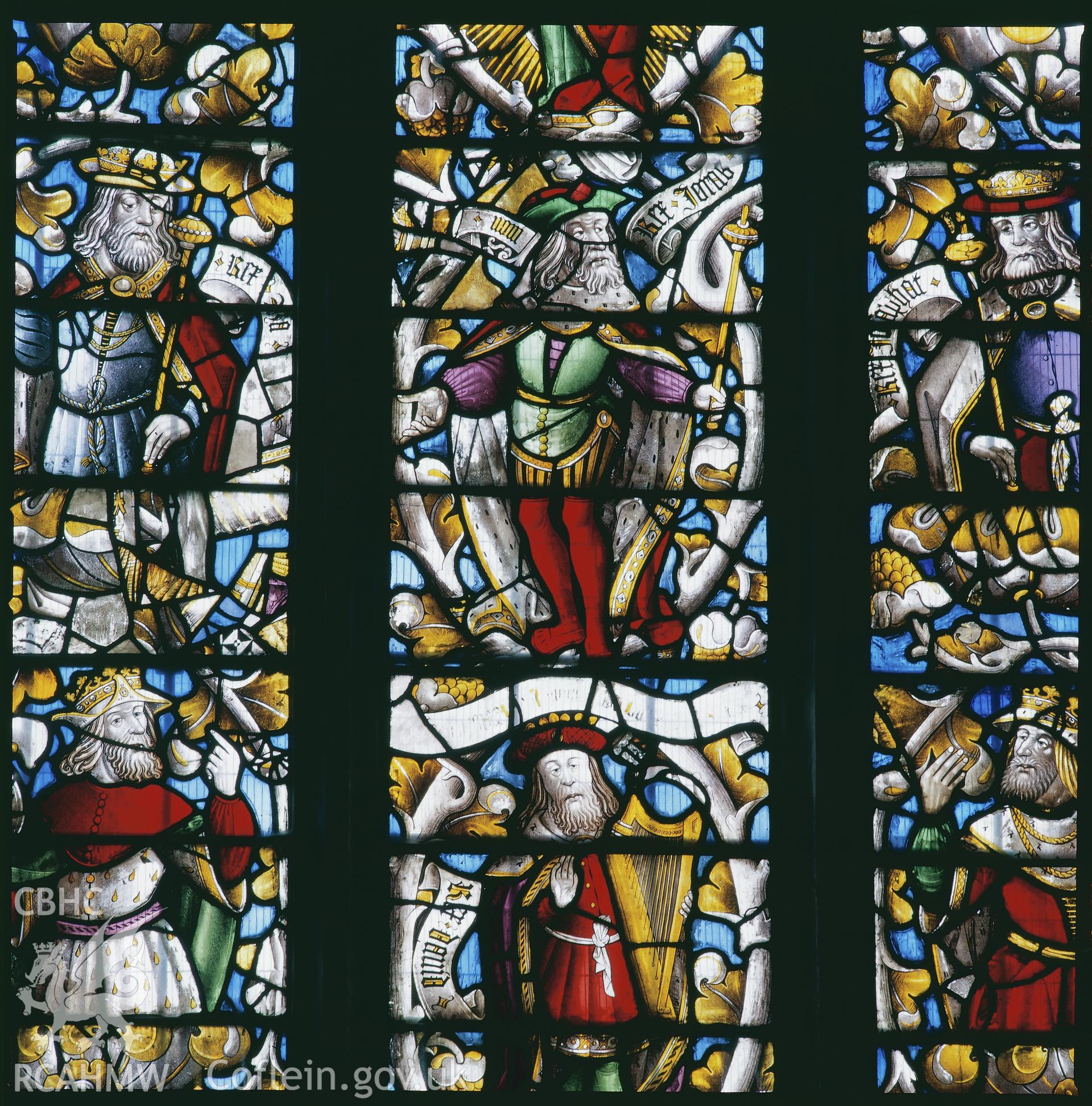 RCAHMW colour transparency of a stained glass window depicting the Jesse Tree in St. Dyfnog's Church, Llanrhaeadr-yng-Nghinmeirch, by Fleur James, 1986.