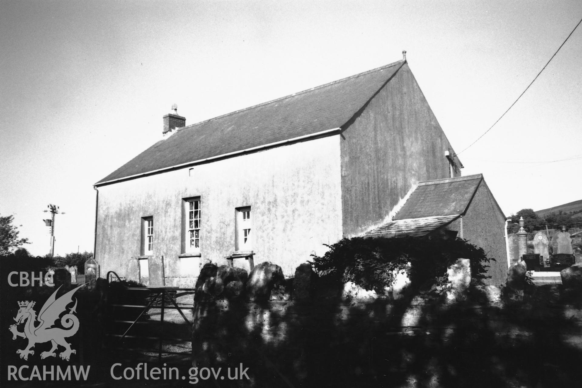 Digital copy of a black and white photograph showing general view of Old Bethel Baptist Chapel, Mynachlog Ddu, taken by Robert Scourfield, 1995.