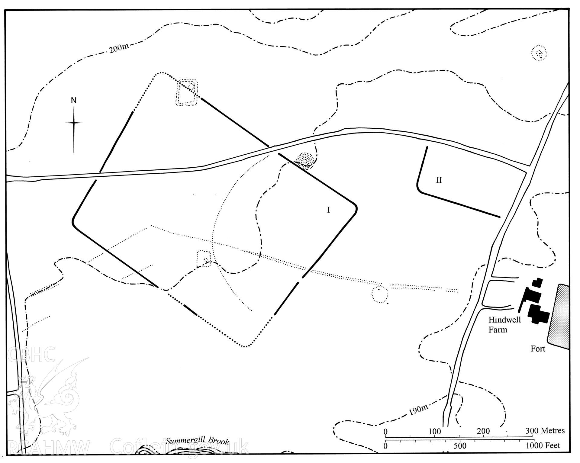 Figure 87: Paper and digitised copy of drawing of the two Roman camps at Hindwell Farm, produced for University of Wales Press publication "Roman Camps in Wales and the Marches", by J.L. Davies and R.H. Jones, Board of Celtic Studies, University of Wales.