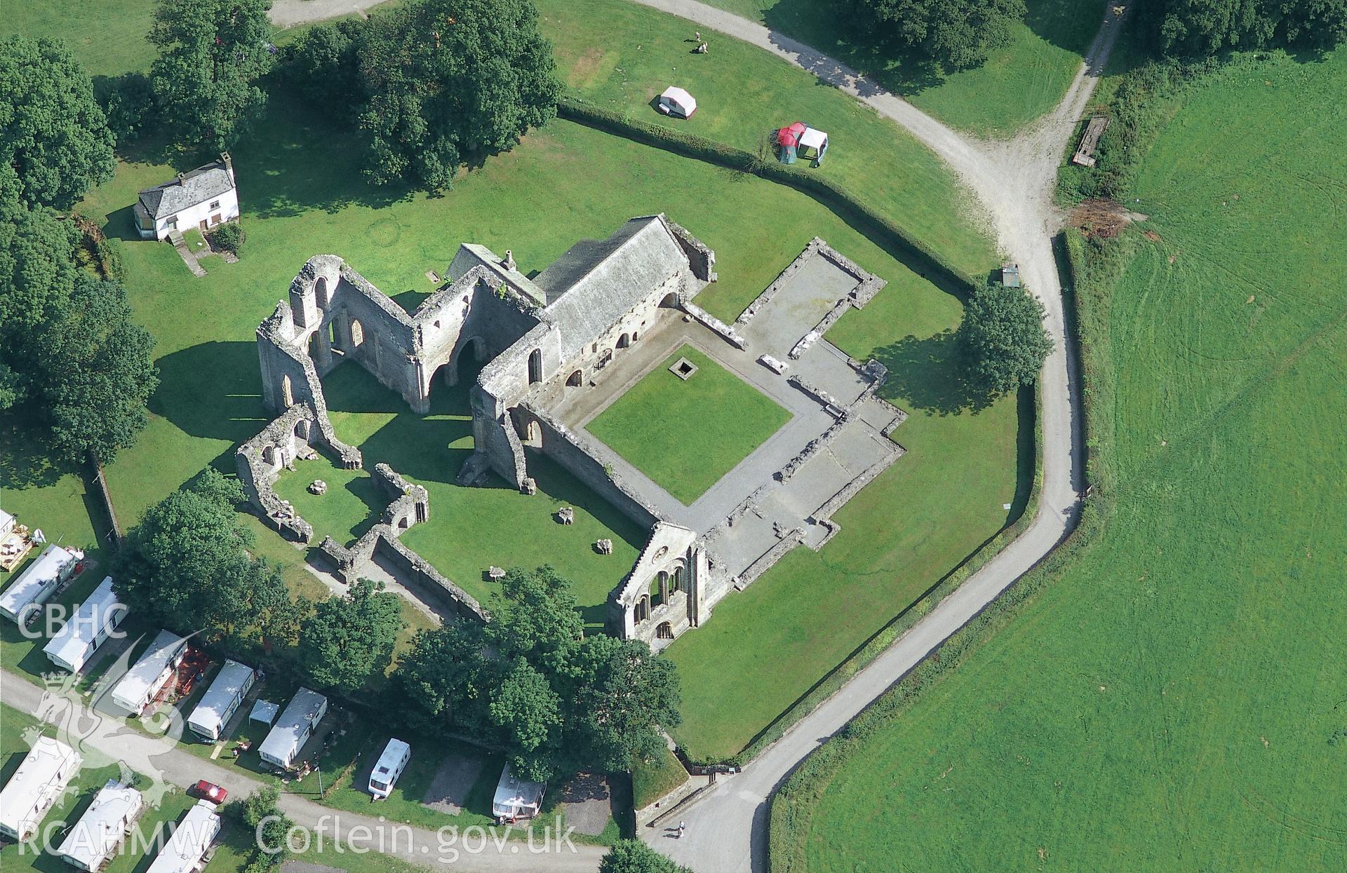 Slide of RCAHMW colour oblique aerial photograph of Valle Crucis Abbey, taken by Toby Driver, 2004.