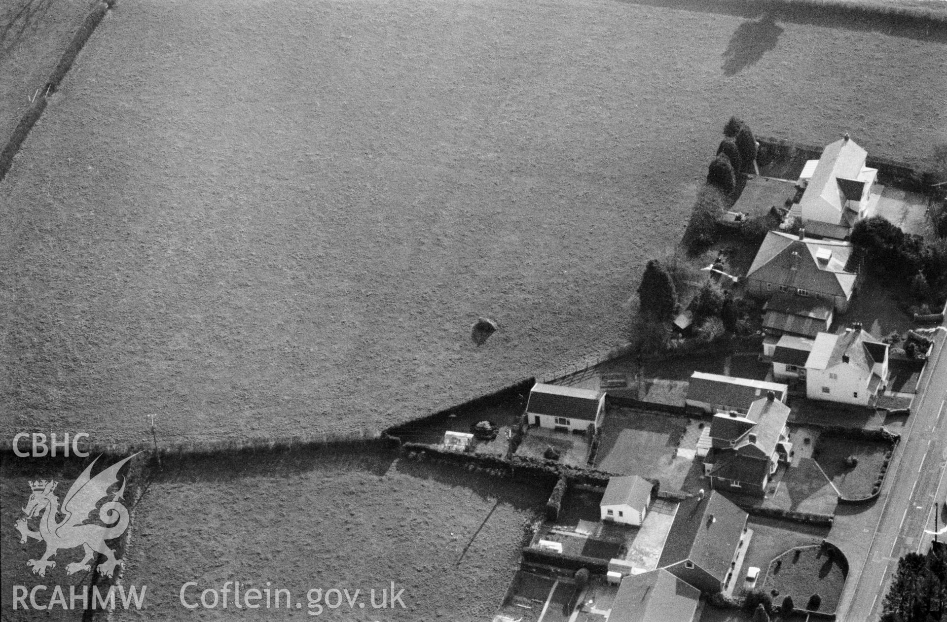 RCAHMW Black and white oblique aerial photograph of Ffynnon Newydd Henge, Llanegwad, taken on 28/01/1998 by Toby Driver.