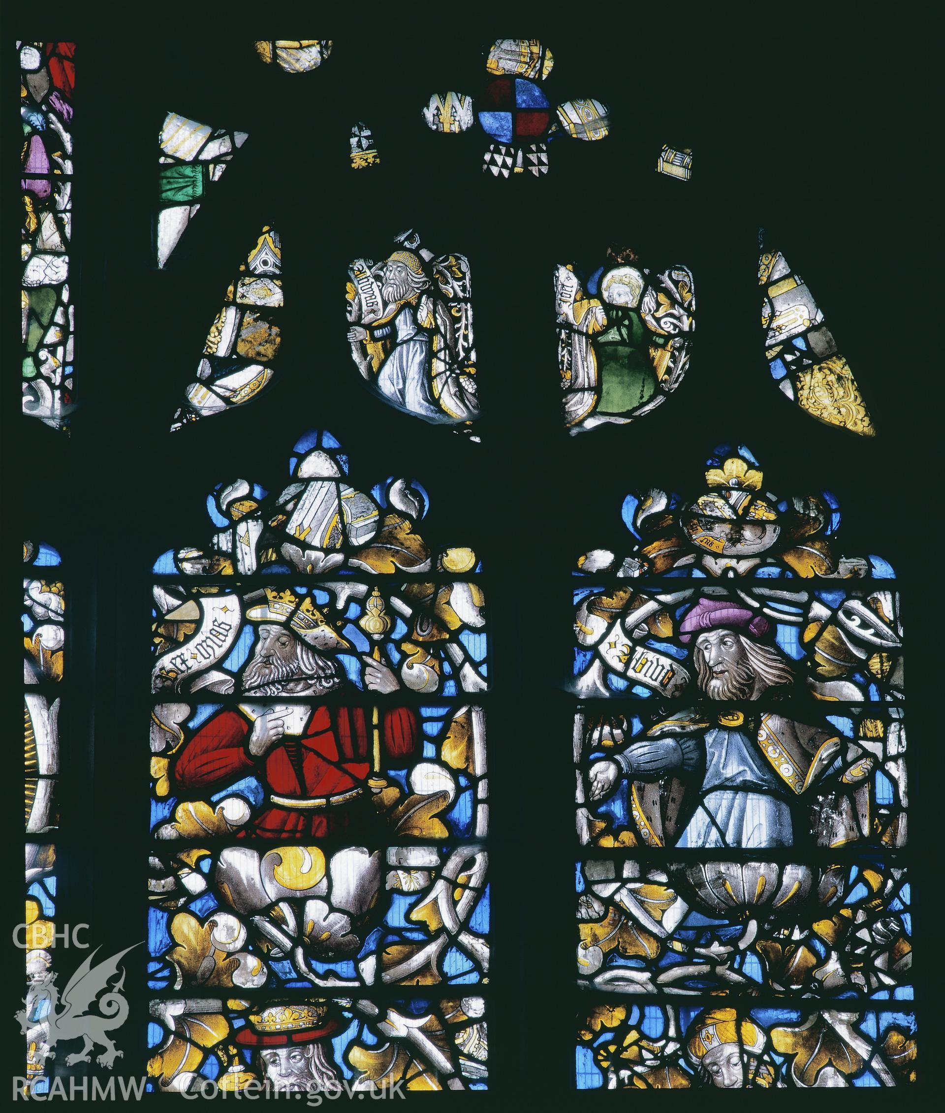 RCAHMW colour transparency of a stained glass window depicting the Jesse Tree in St. Dyfnog's Church, Llanrhaeadr-yng-Nghinmeirch, by Fleur James, 1986.