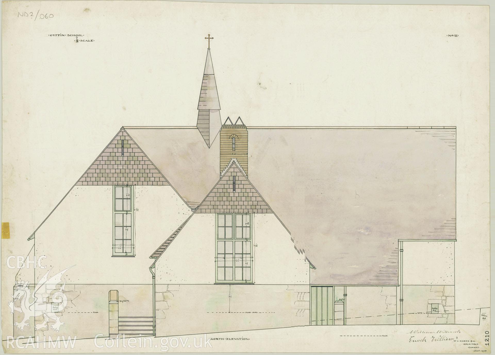 Elevation of Gyffin National School, ink and colour wash on paper, scale two feet to one inch.