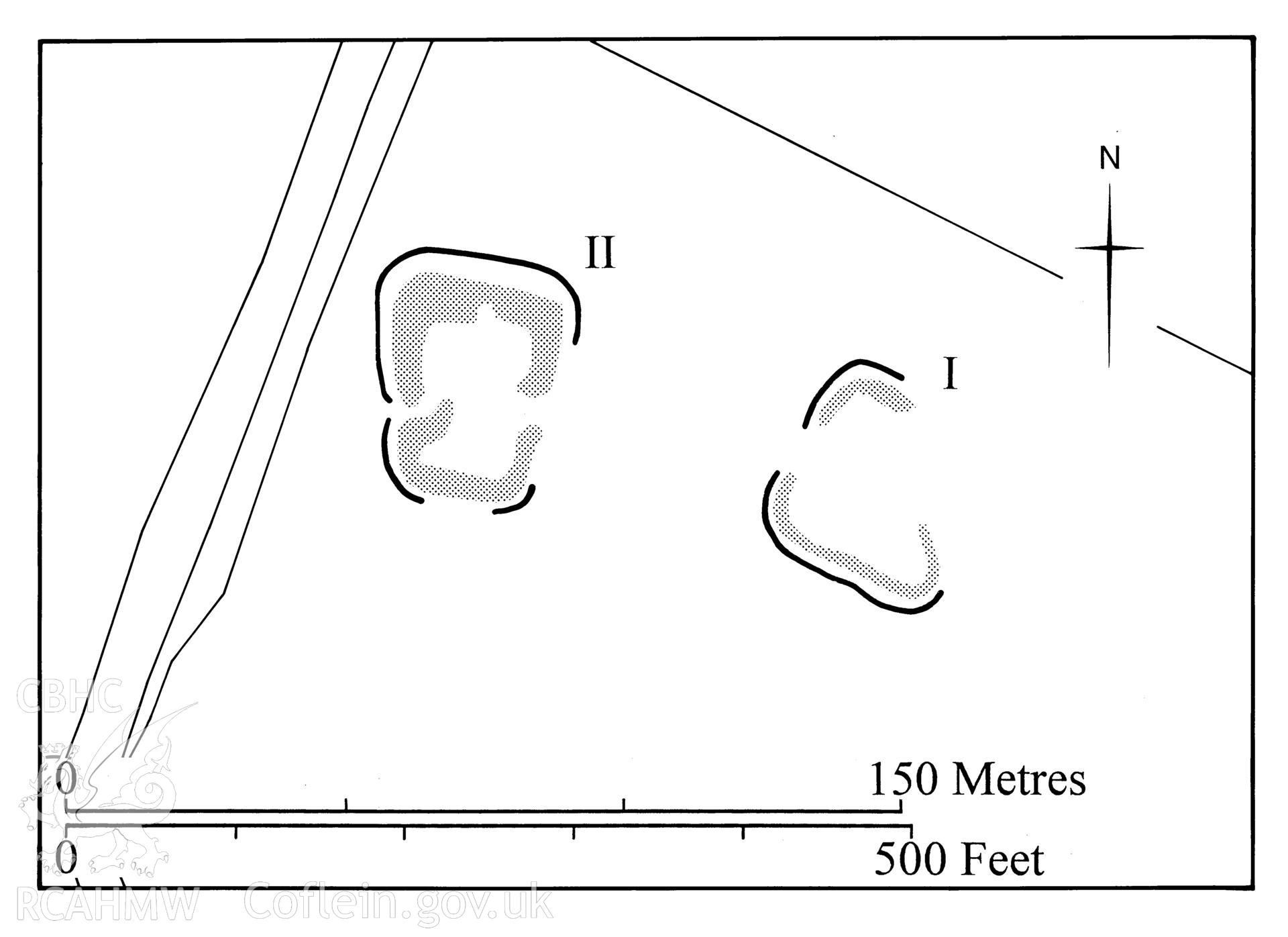 Figure 98: Paper and digitised copy of drawing of Gelligaer Common practice camps I and II, produced for University of Wales Press publication "Roman Camps in Wales and the Marches", by J.L. Davies and R.H. Jones, Board of Celtic Studies, University of Wales.