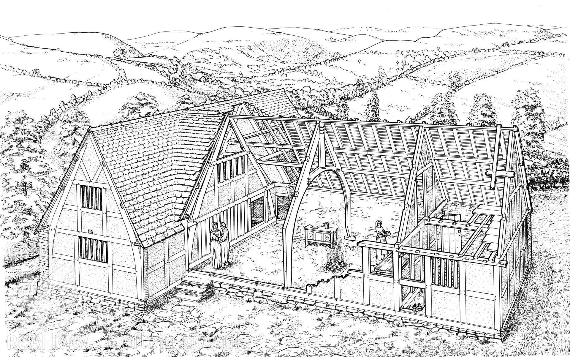 Cutaway line drawing of Cefn Ceido Old House, Nantmel, produced by Geoff Ward, as published in the RCAHMW volume, Houses and History in the Marches of Wales. Radnorshire 1400-1800,  page 114, figure 112.