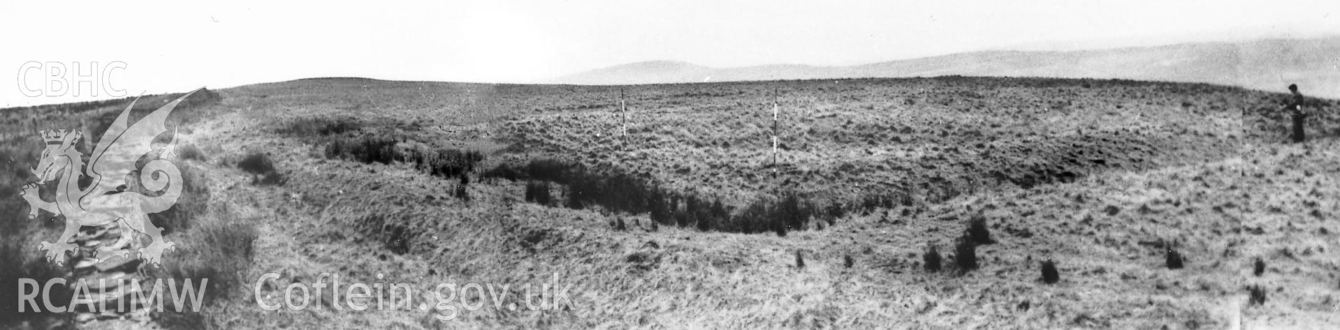 Digitised copy of black and white ground photograph of Gelligaer Common IV Roman practice camp taken by J. K. St. Joseph in 1959, copied from RCAHMS St Joseph Collection for University of Wales Press publication "Roman Camps in Wales and the Marches ", by J.L. Davies and R.H. Jones, Board of Celtic Studies, University of Wales.