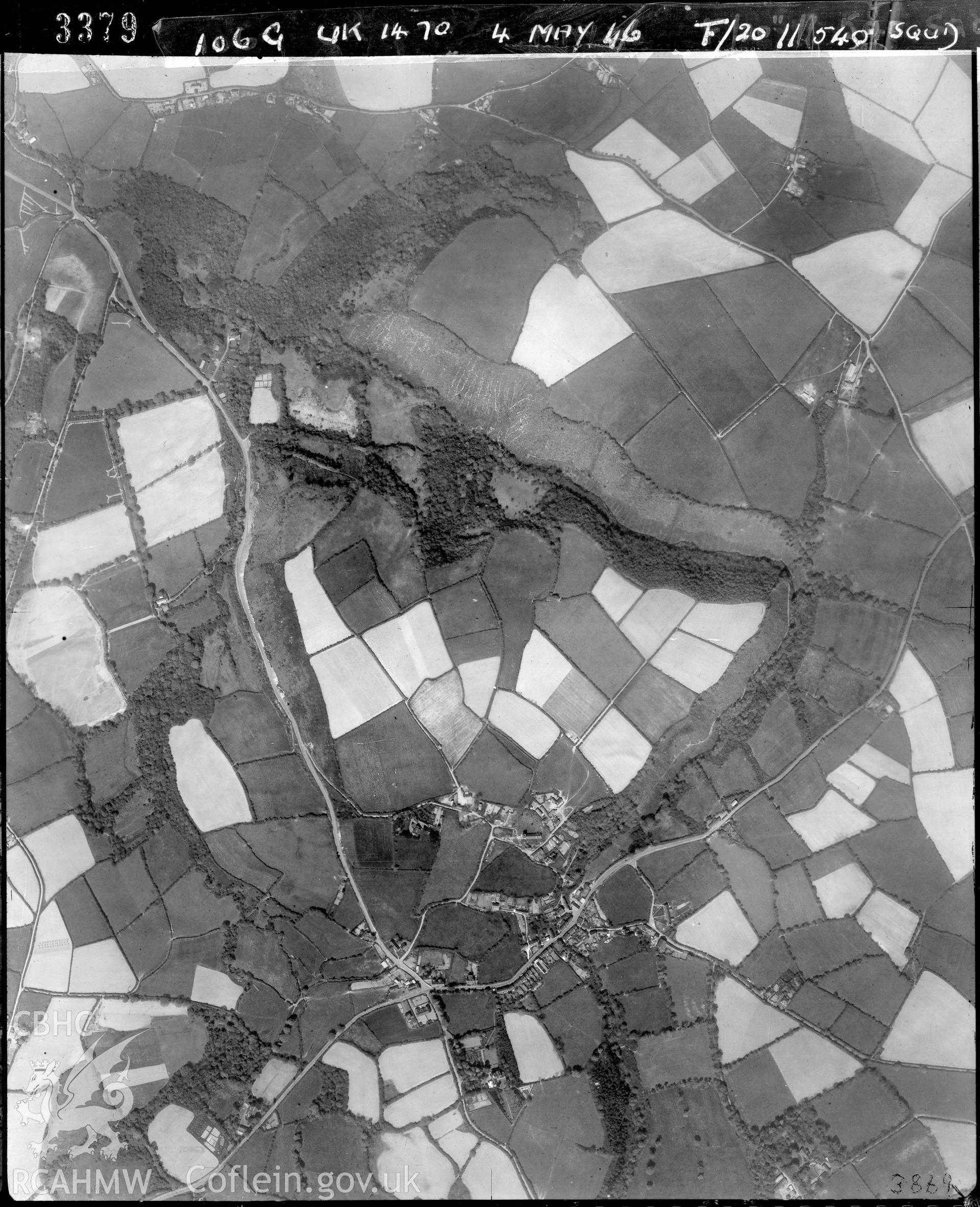 Black and white vertical aerial photograph taken by the RAF on 04/05/1946 centred on SN42125821 at a scale of 1:10000. The photograph includes part of Llanarth community in Ceredigion.