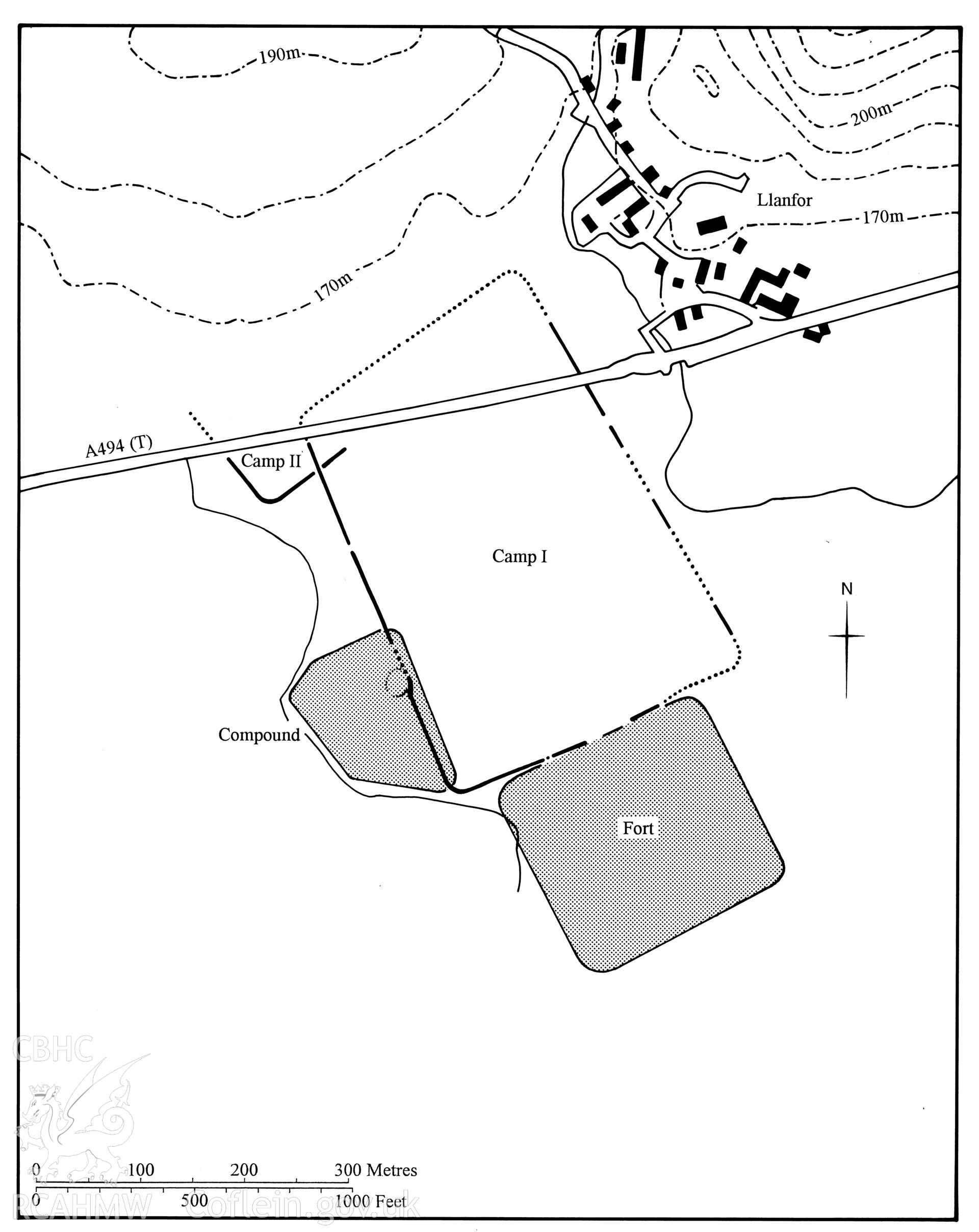 Figure 76: Paper and digitised copy of drawing of the two Roman marching camps at Llanfor, produced for University of Wales Press publication "Roman Camps in Wales and the Marches", by J.L. Davies and R.H. Jones, Board of Celtic Studies, University of Wales.