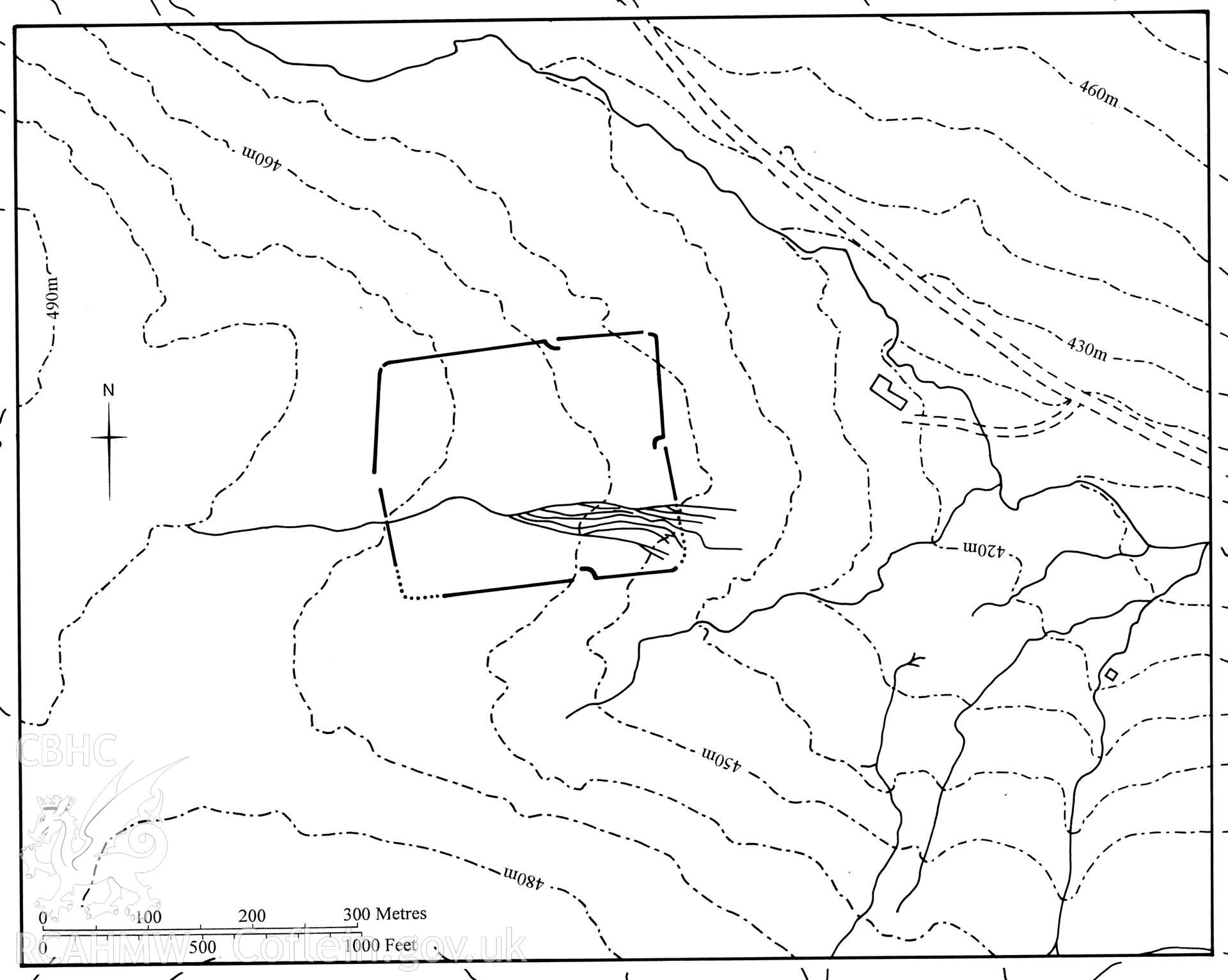 Figure 85: Paper and digitised copy of drawing of Esgair Perfedd Roman marching camp, produced for University of Wales Press publication "Roman Camps in Wales and the Marches", by J.L. Davies and R.H. Jones, Board of Celtic Studies, University of Wales.