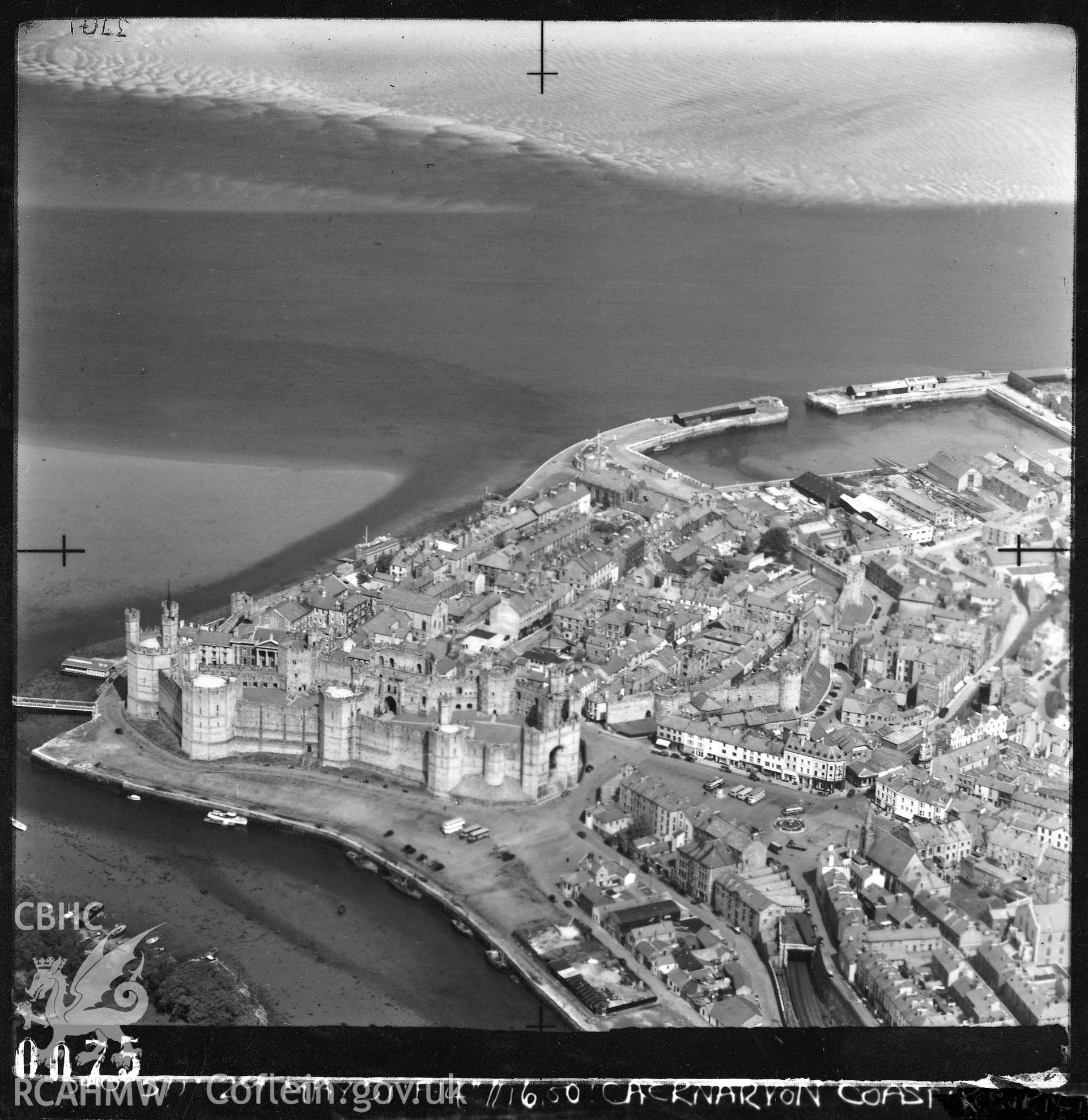 Black and white vertical aerial photograph taken by the RAF in 1951, picturing Caernarfon,  at a scale of 1:10000.