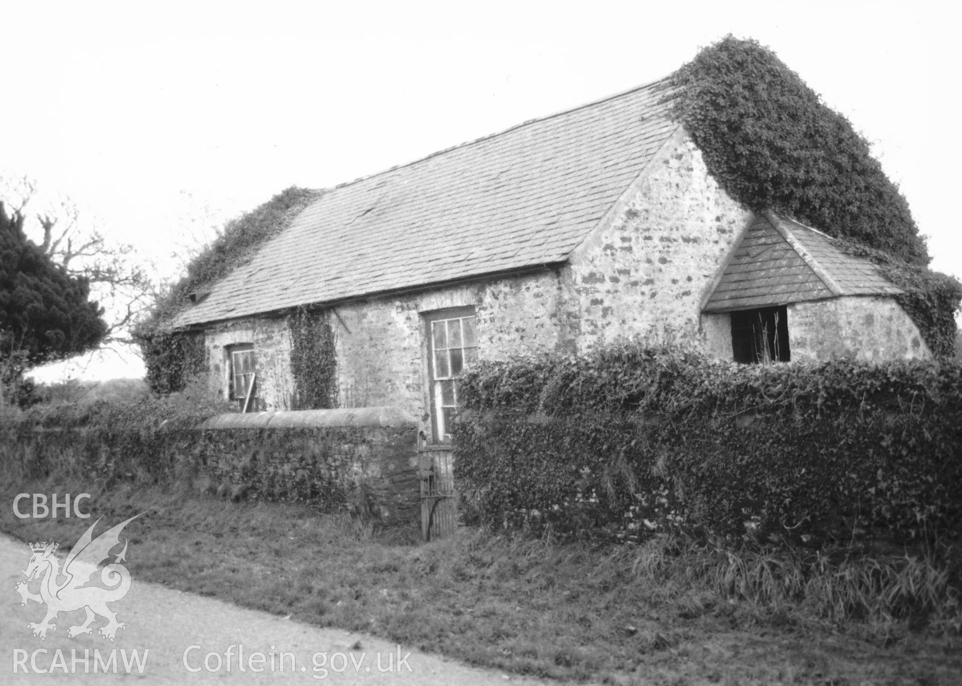 Digital copy of a black and white photograph showing general view of Burnett's Hill Calvinistic Methodist Chapel,  Martletwy, taken by Robert Scourfield, c.1996.