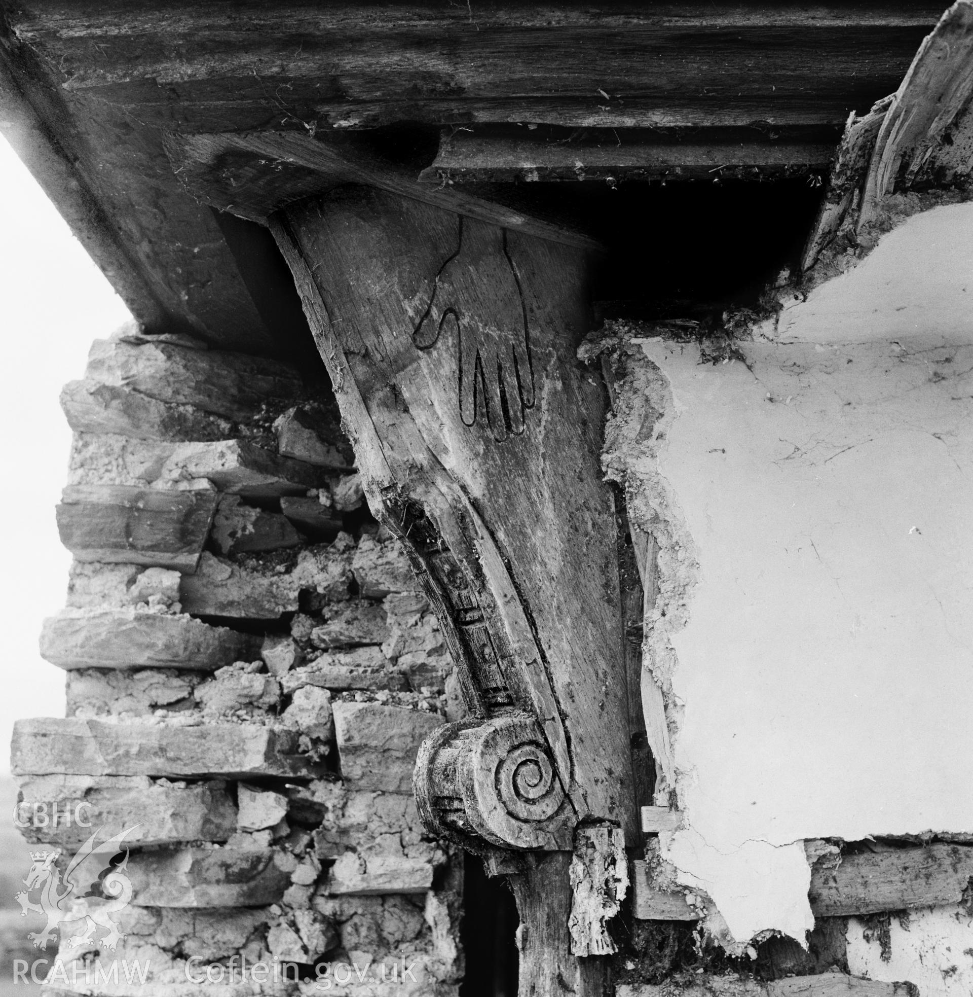 Digitised copy of an RCAHMW b/w photograph of carving showing hand symbol at Upper Dolau, Presteigne, Radnor.