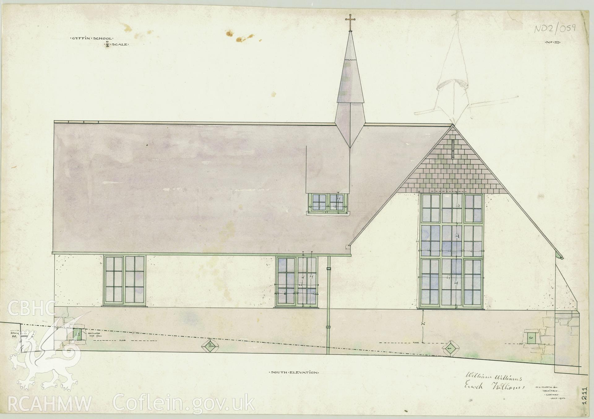 Elevation of Gyffin National School, ink and colour wash on paper, scale two feet to one inch.