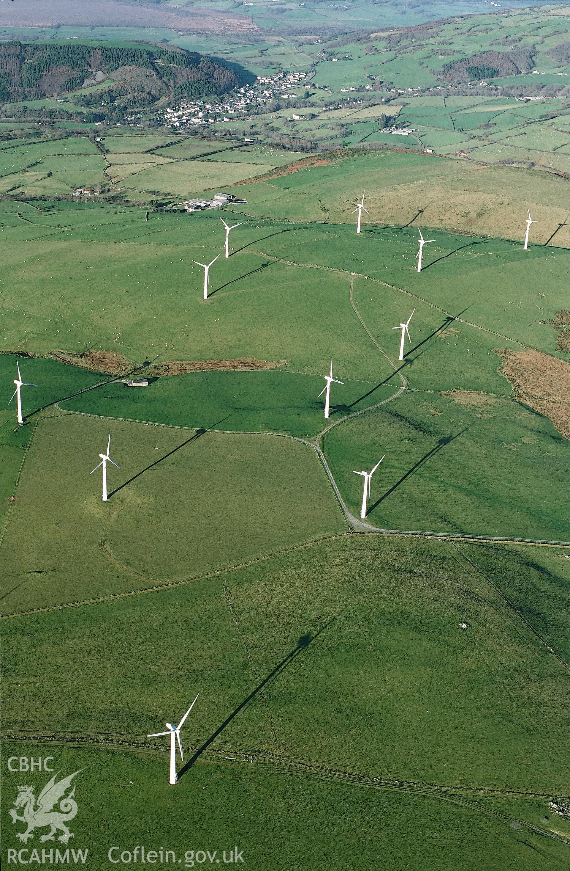 Slide of RCAHMW colour oblique aerial photograph of Mynydd Gorddu windfarm, by Toby Driver, 2001.