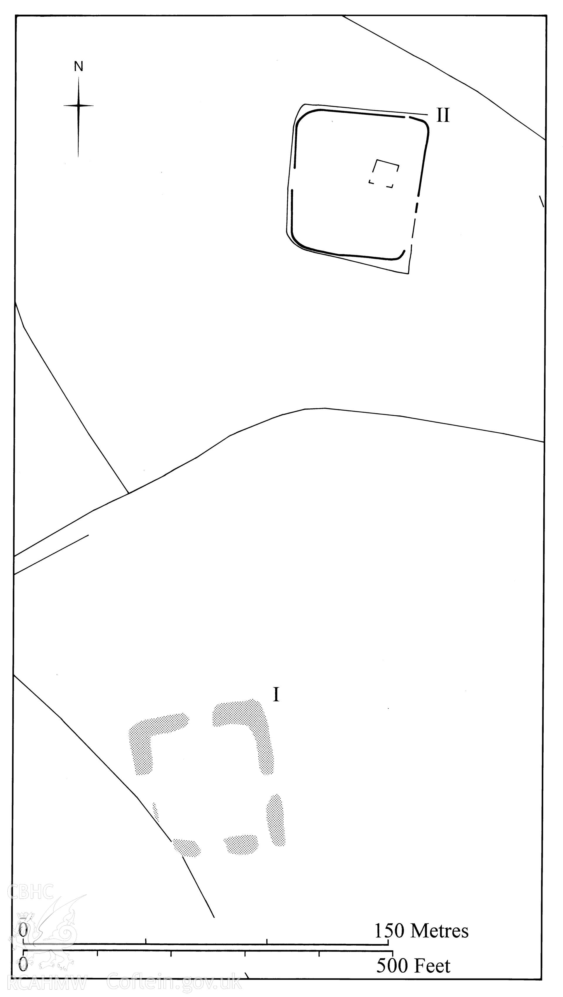 Figure 93: Paper and digitised copy of drawing of Llwyncadwgan practice camps I and II, produced for University of Wales Press publication "Roman Camps in Wales and the Marches", by J.L. Davies and R.H. Jones, Board of Celtic Studies, University of Wales.