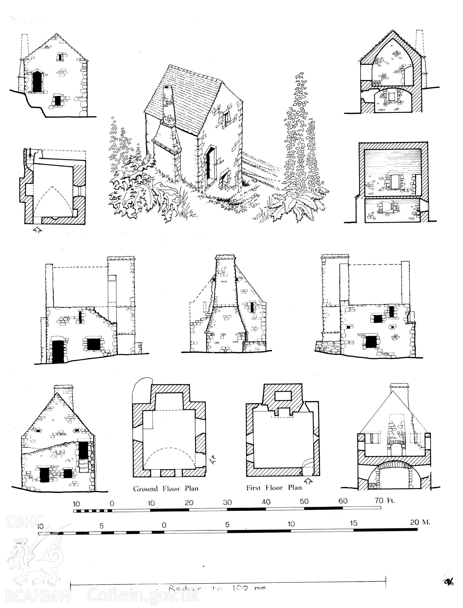 Multi site RCAHMW drawing, 2 sites, showing plan, section and elevation of Carswell Old House, and West Tarr, Pembrokeshire.  Published in Houses of the Welsh Countryside, fig 8. P, with comparitive elevations and floor plans of West Tarr Farm.