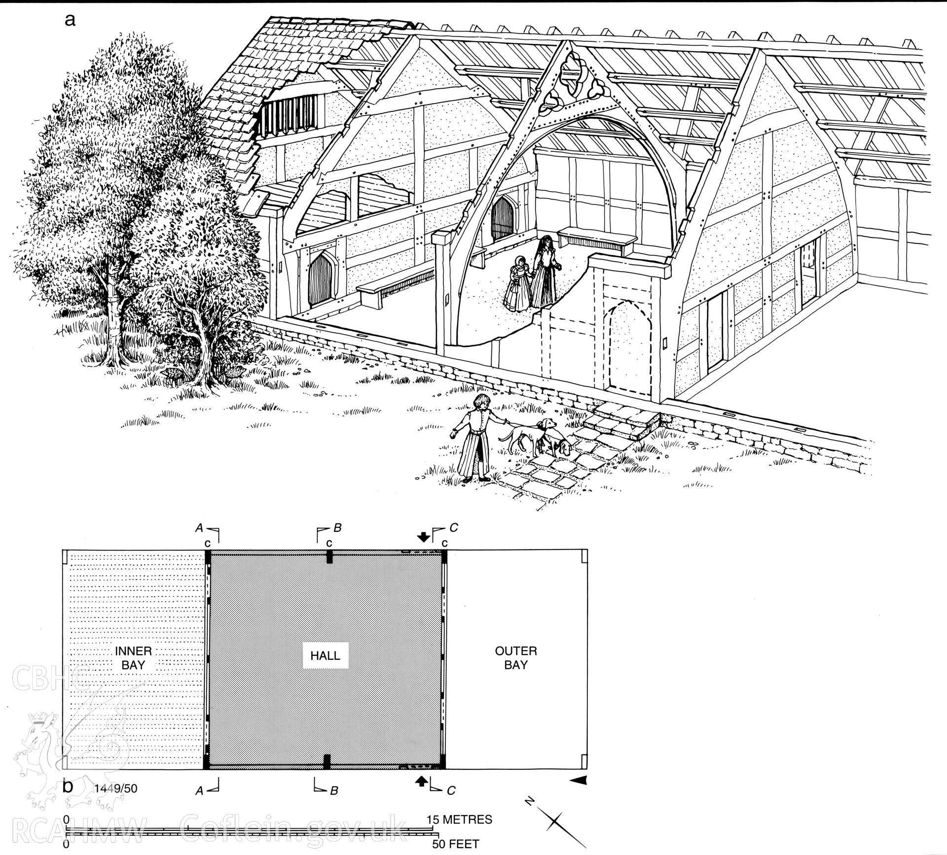 Cutaway reconstruction drawing of Great House, Newchurch, by Jane Durrant, 1996.