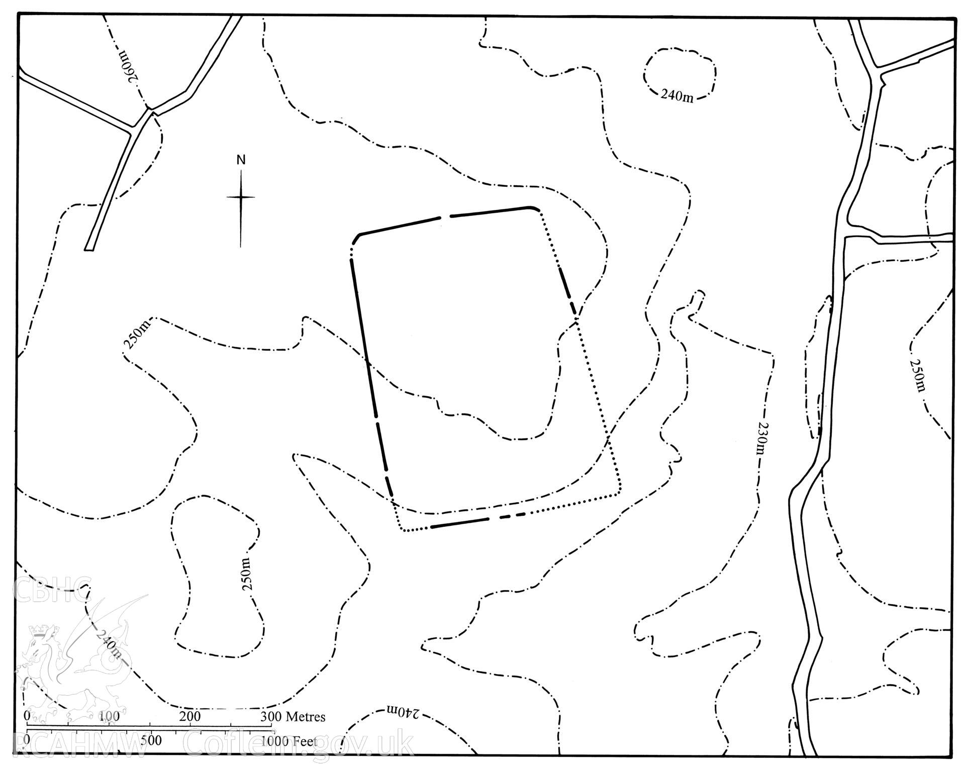 Figure 90: Paper and digitised copy of drawing of the Trefal Roman camp, produced for University of Wales Press publication "Roman Camps in Wales and the Marches", by J.L. Davies and R.H. Jones, Board of Celtic Studies, University of Wales.