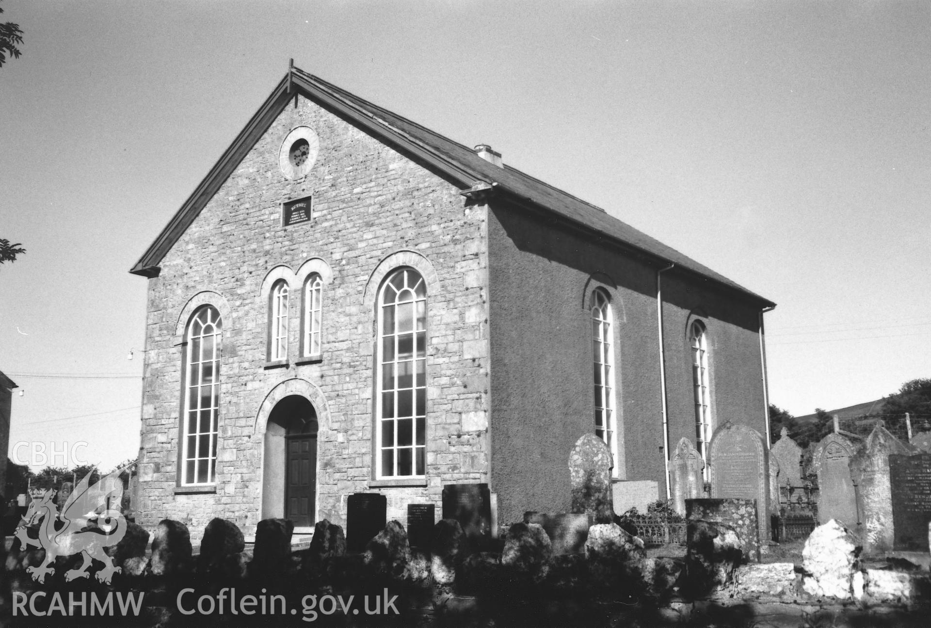 Digital copy of a black and white photograph showing general view of Bethel Baptist Chapel, Mynachlog Ddu, taken by Robert Scourfield, 1995.