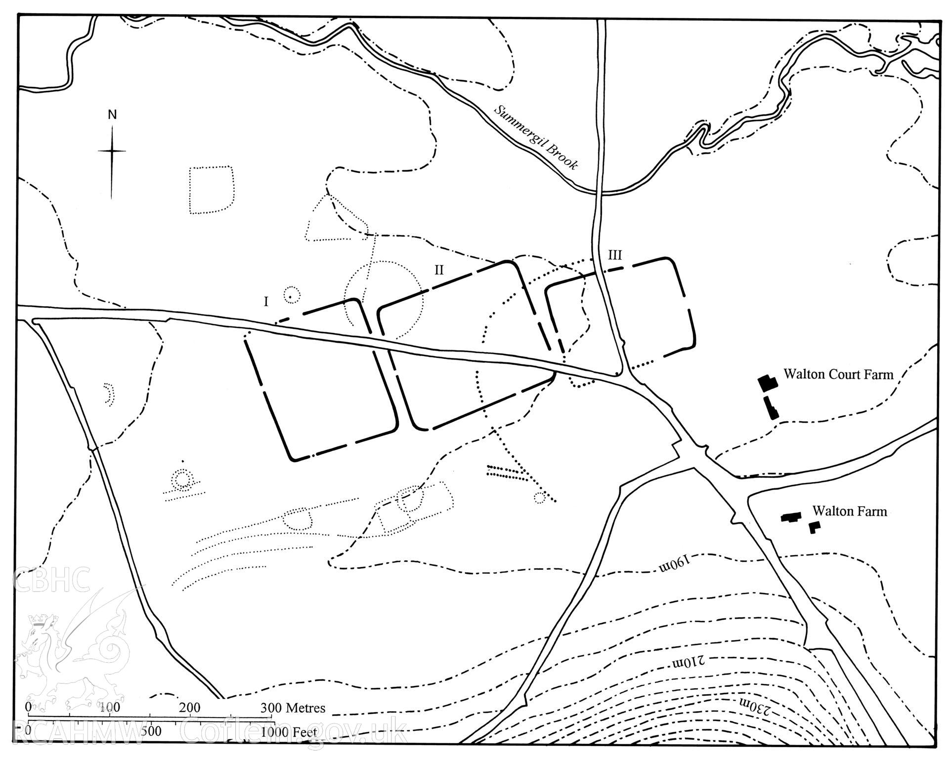 Figure 88: Paper and digitised copy of drawing of the three Roman camps at Walton, produced for University of Wales Press publication "Roman Camps in Wales and the Marches", by J.L. Davies and R.H. Jones, Board of Celtic Studies, University of Wales.