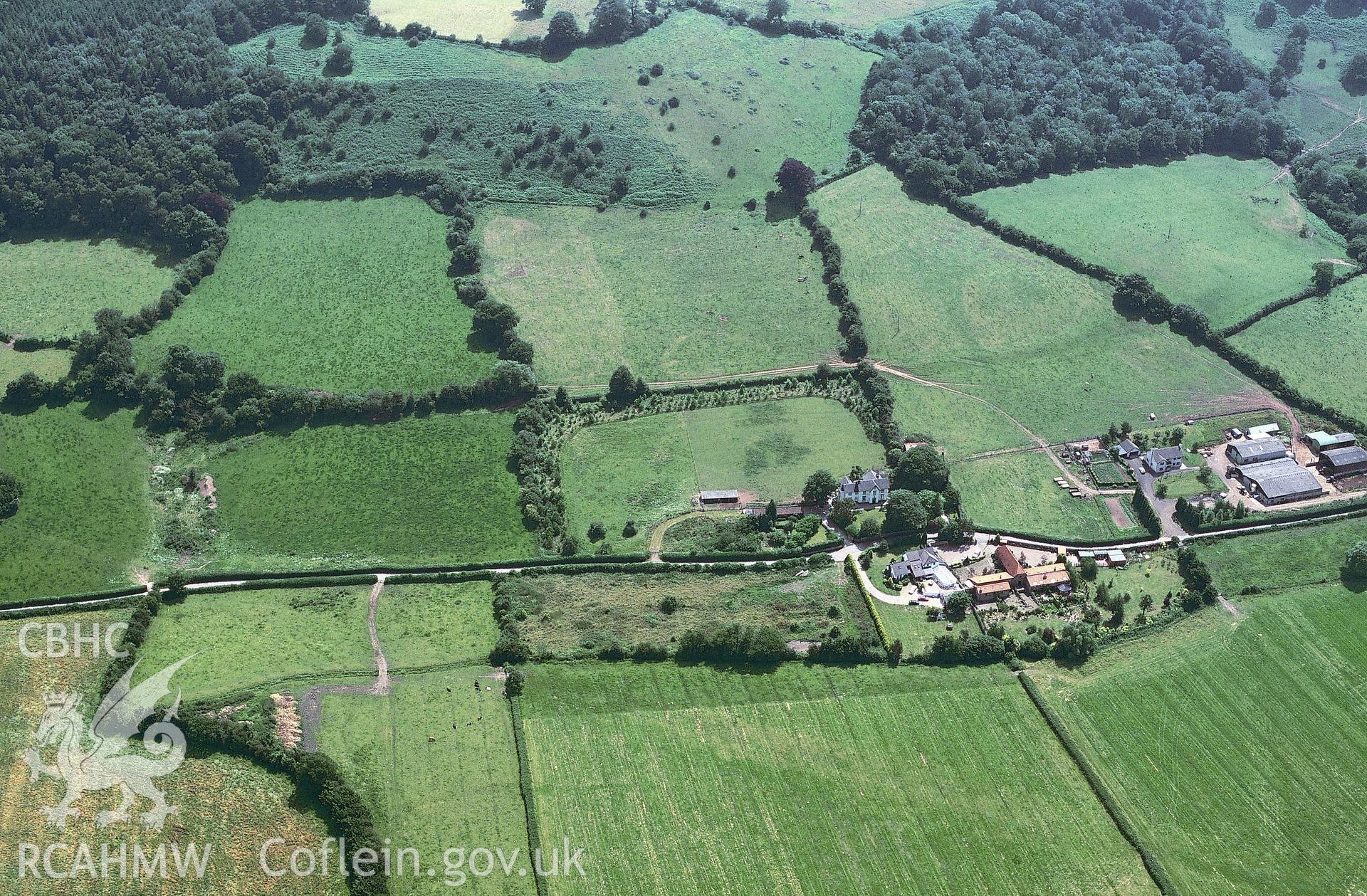 RCAHMW colour slide oblique aerial photograph of settlement at Great Bulmore, Caerleon, taken by C.R.Musson on the 11/07/1996